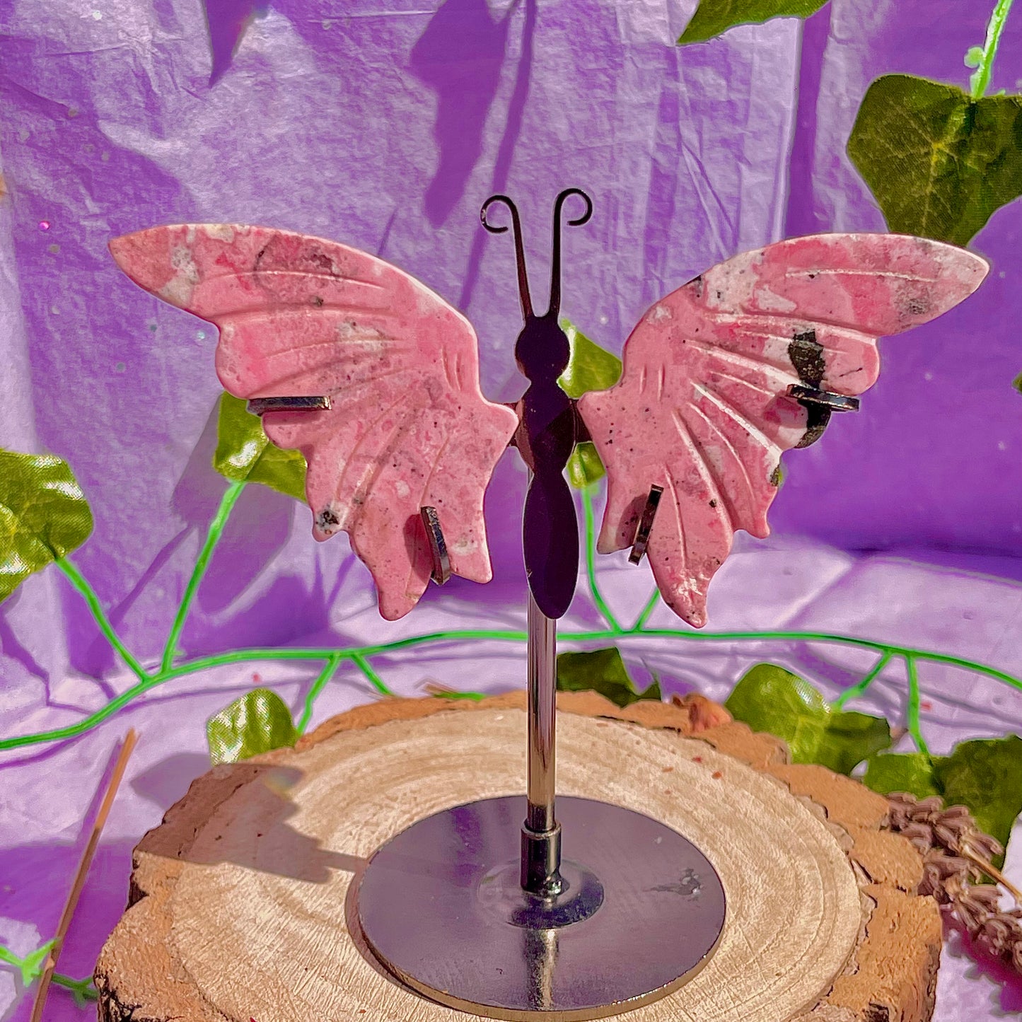 rhodonite butterfly wings on stand