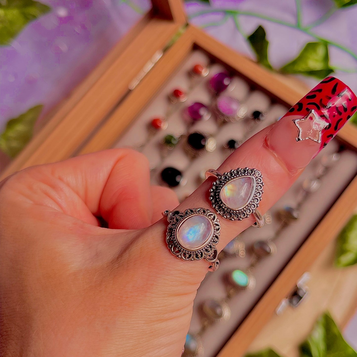 rainbow moonstone style C ~ 925 sterling silver adjustable rings / choose your own