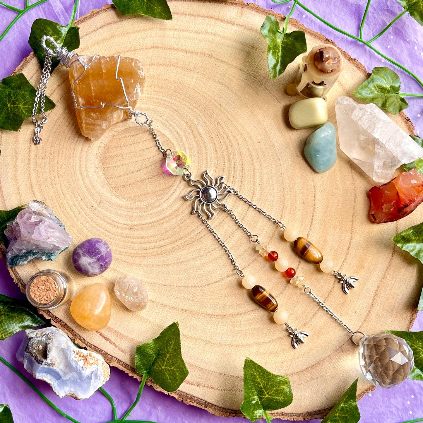 honey bee sun catcher - honey calcite, carnelian, tigers eye & calcite
