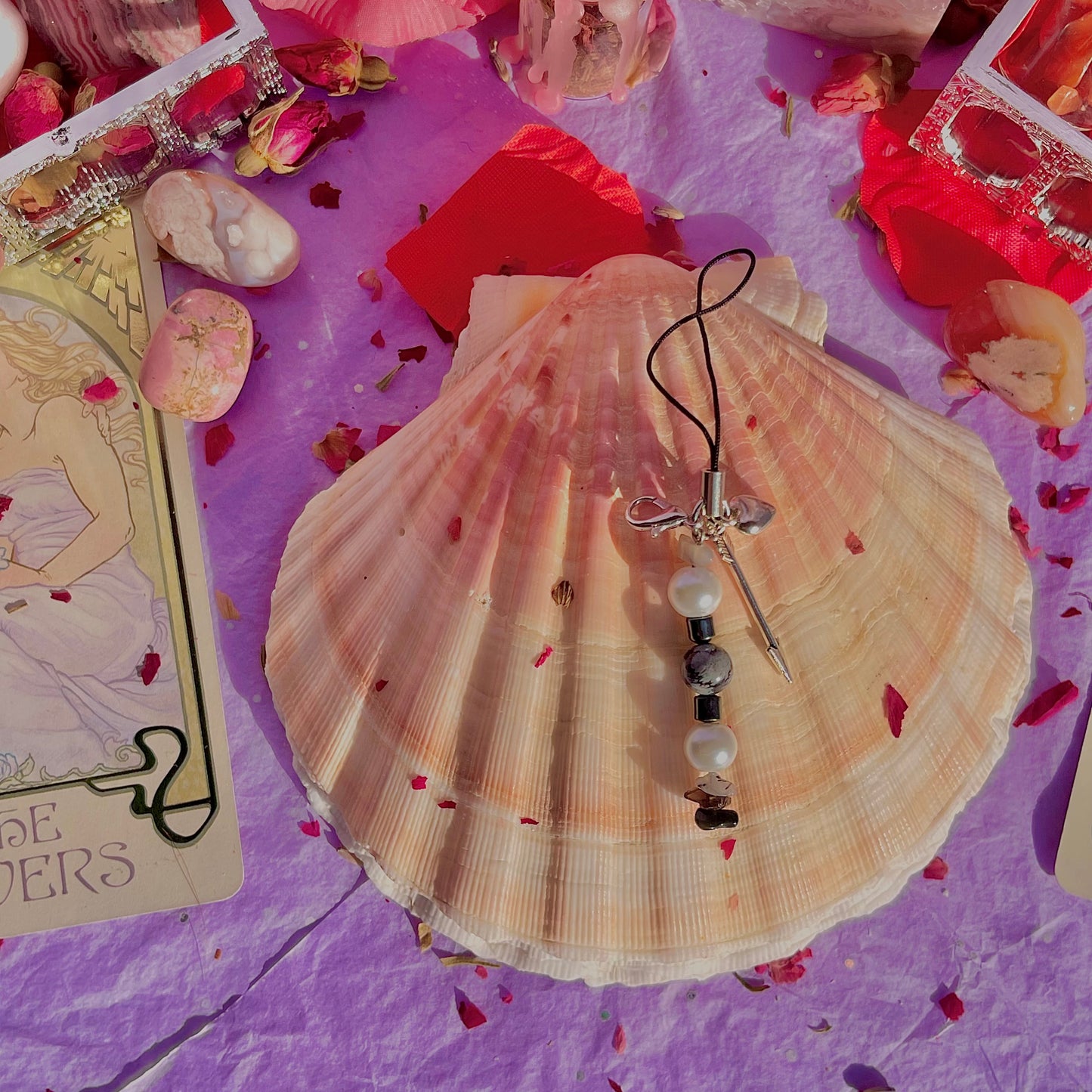 arrow through the heart phone charm ~ black moonstone, snowflake obsidian, hematite, tourmalinated quartz, smokey quartz, black obsidian & faux pearls