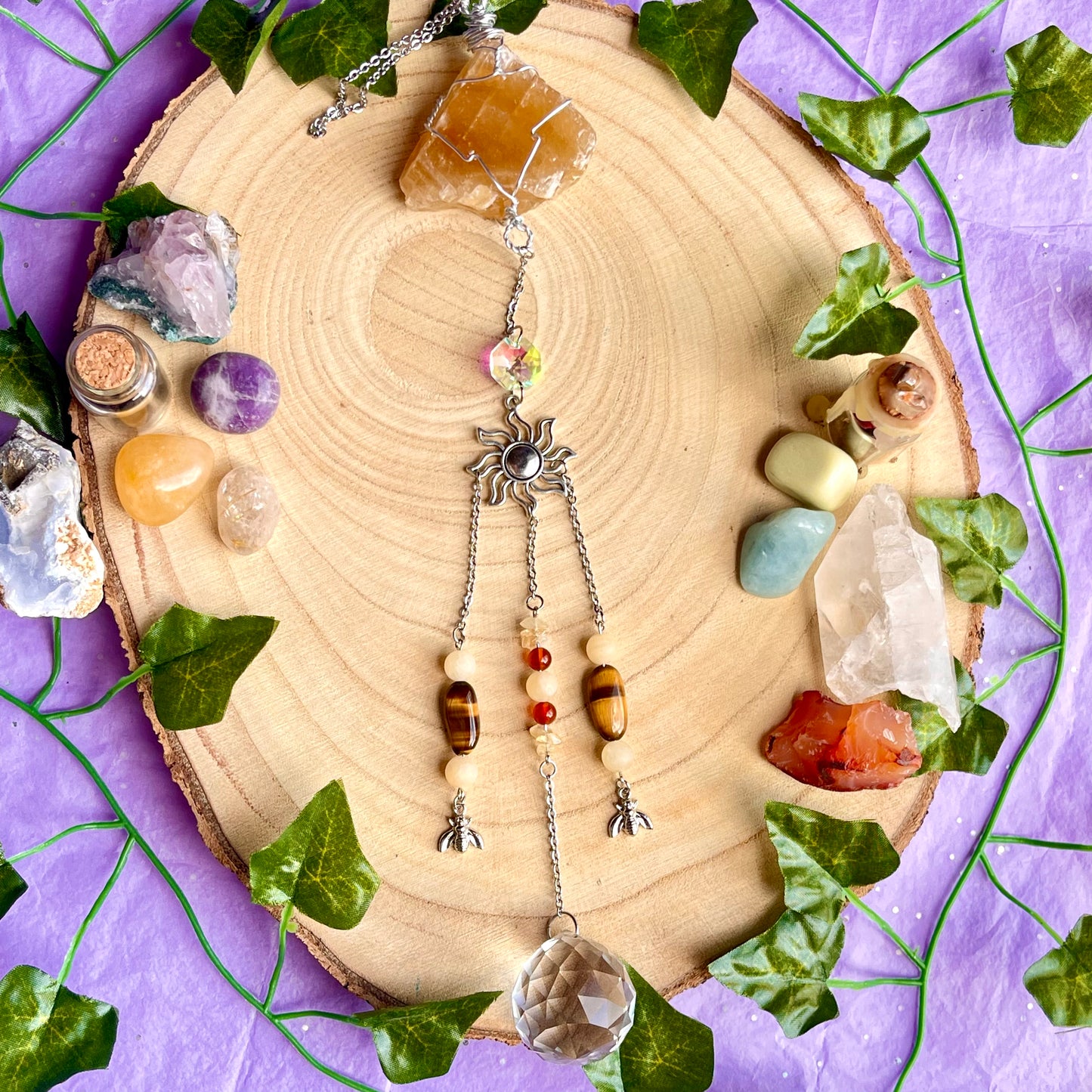 honey bee sun catcher - honey calcite, carnelian, tigers eye & calcite