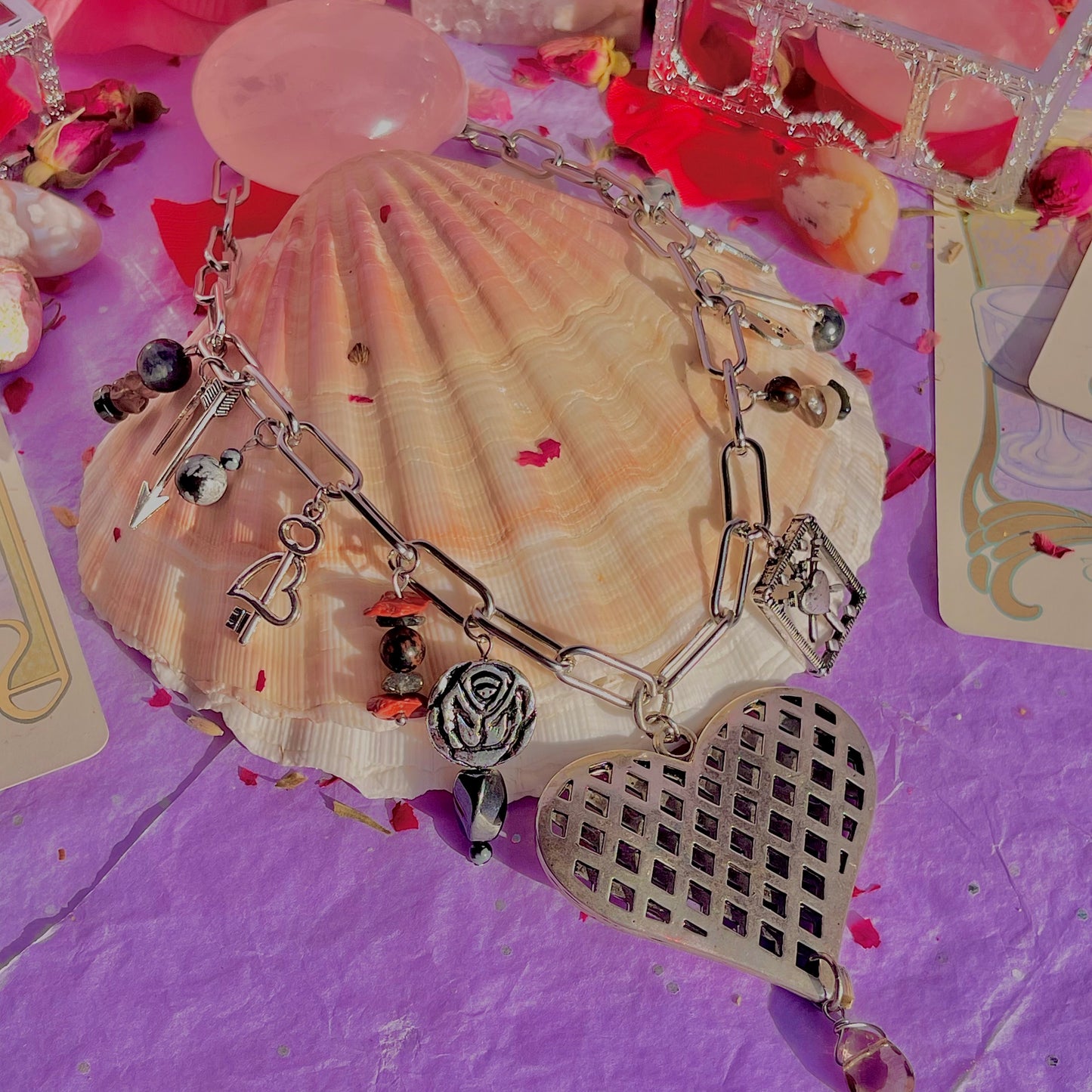 healing heart stainless steel charm necklace ~ smokey quartz, hematite, snowflake & mahogany obsidian, tourmalinated quartz, red jasper, red tigers eye, black moonstone & larvikite