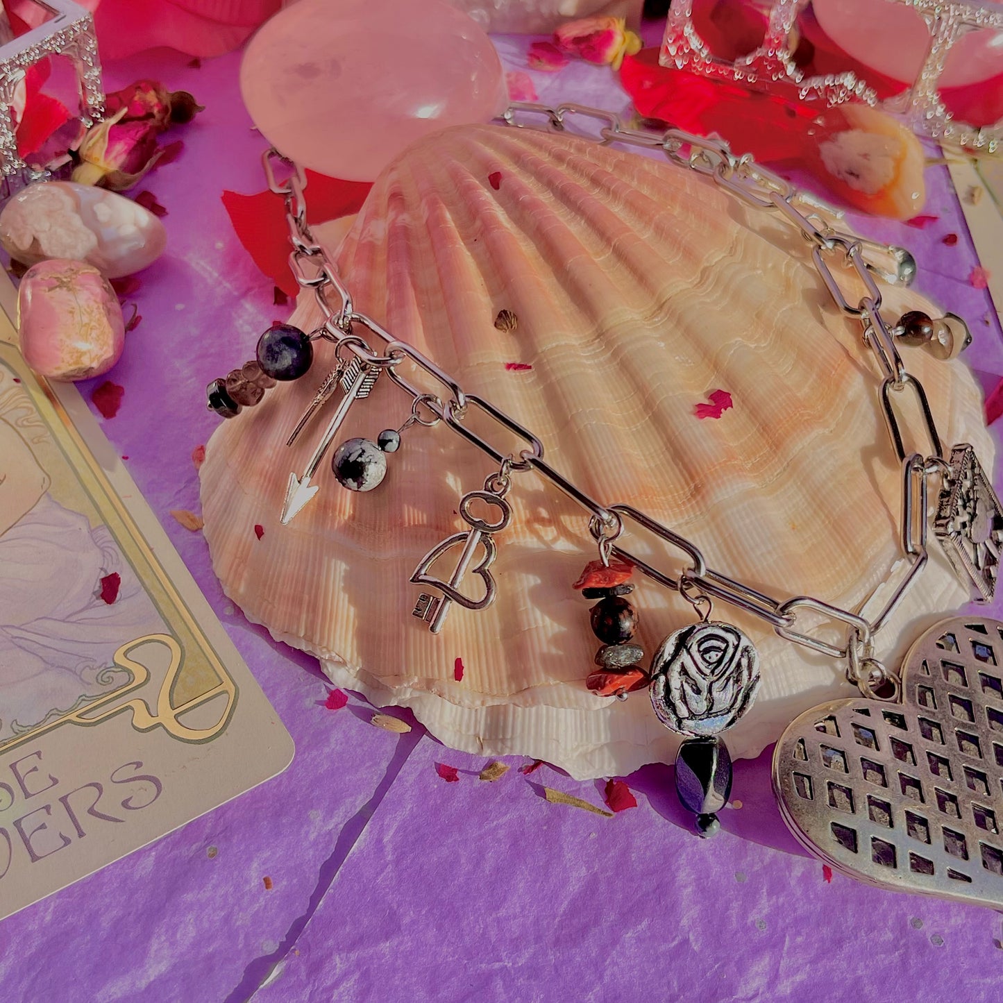 healing heart stainless steel charm necklace ~ smokey quartz, hematite, snowflake & mahogany obsidian, tourmalinated quartz, red jasper, red tigers eye, black moonstone & larvikite