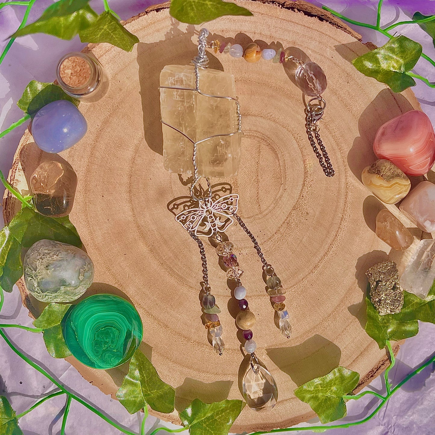 butterfly garden suncatcher / wall hanging ~ optical calcite, crazy lace, blue lace, citrine, lepidolite, fluorite & amethyst