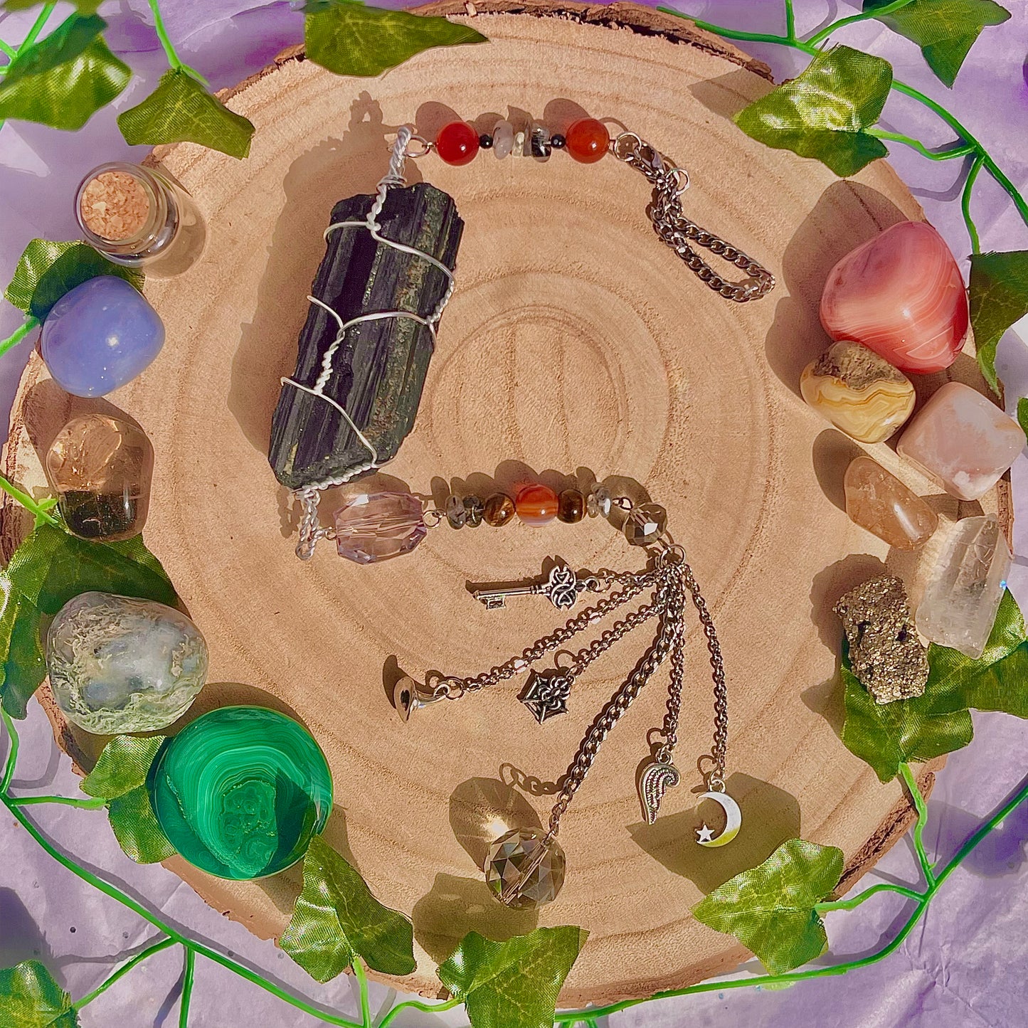 witches cupboard suncatcher / wall hanging ~ black tourmaline, carnelian, tourmaline in quartz, snowflake obsidian & tigers eye