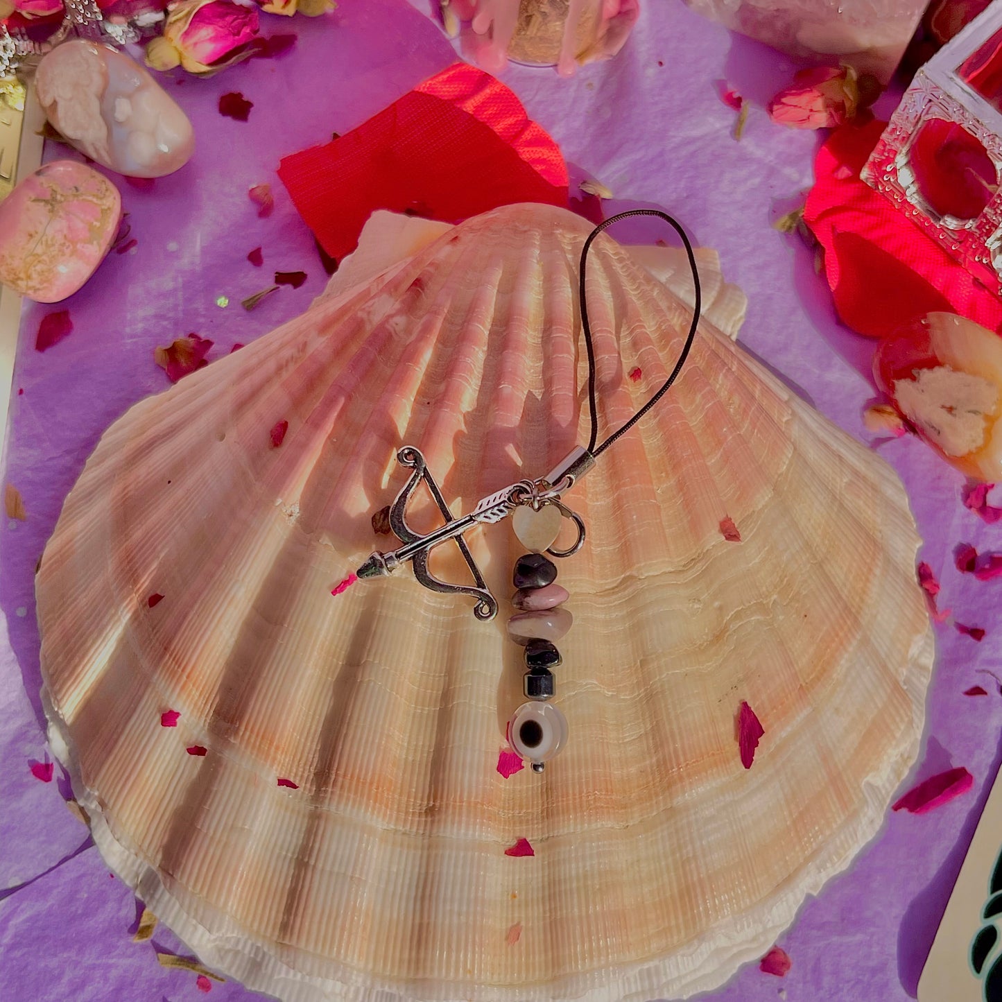 bow and arrow heart phone charm ~ amazonite, black obsidian, rhodonite & hematite