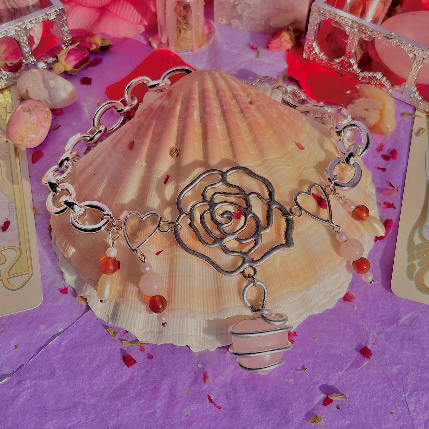single rose chunky stainless steel necklace ~ rose quartz, carnelian & faux pearls