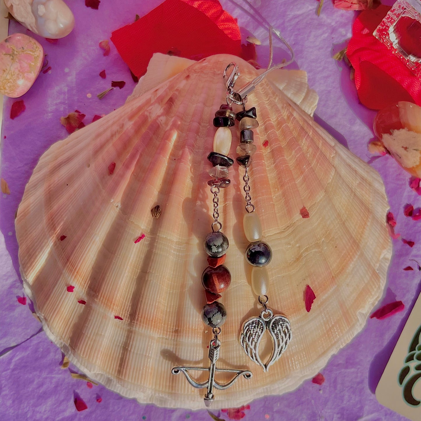 angels arrow phone charm ~ garnet, smokey quartz, black obsidian, snowflake obsidian, red jasper, red tigers eye, hematite & faux pearls