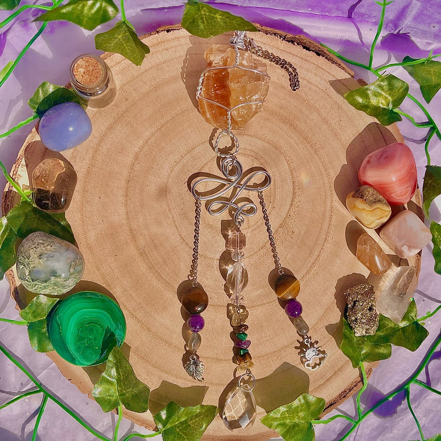 autumn sun suncatcher / wall hanging ~ honey calcite, tigers eye, amethyst, labradorite, malachite & citrine
