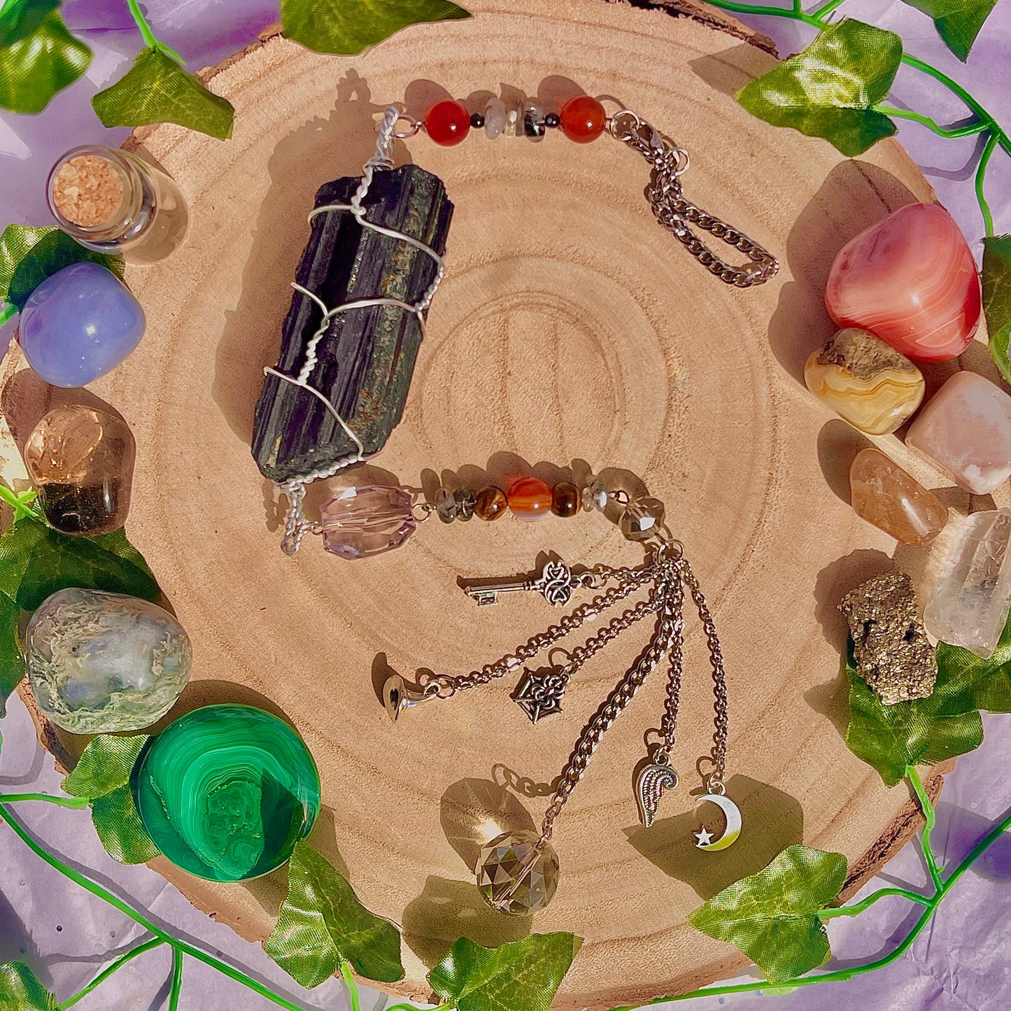 witches cupboard suncatcher / wall hanging ~ black tourmaline, carnelian, tourmaline in quartz, snowflake obsidian & tigers eye
