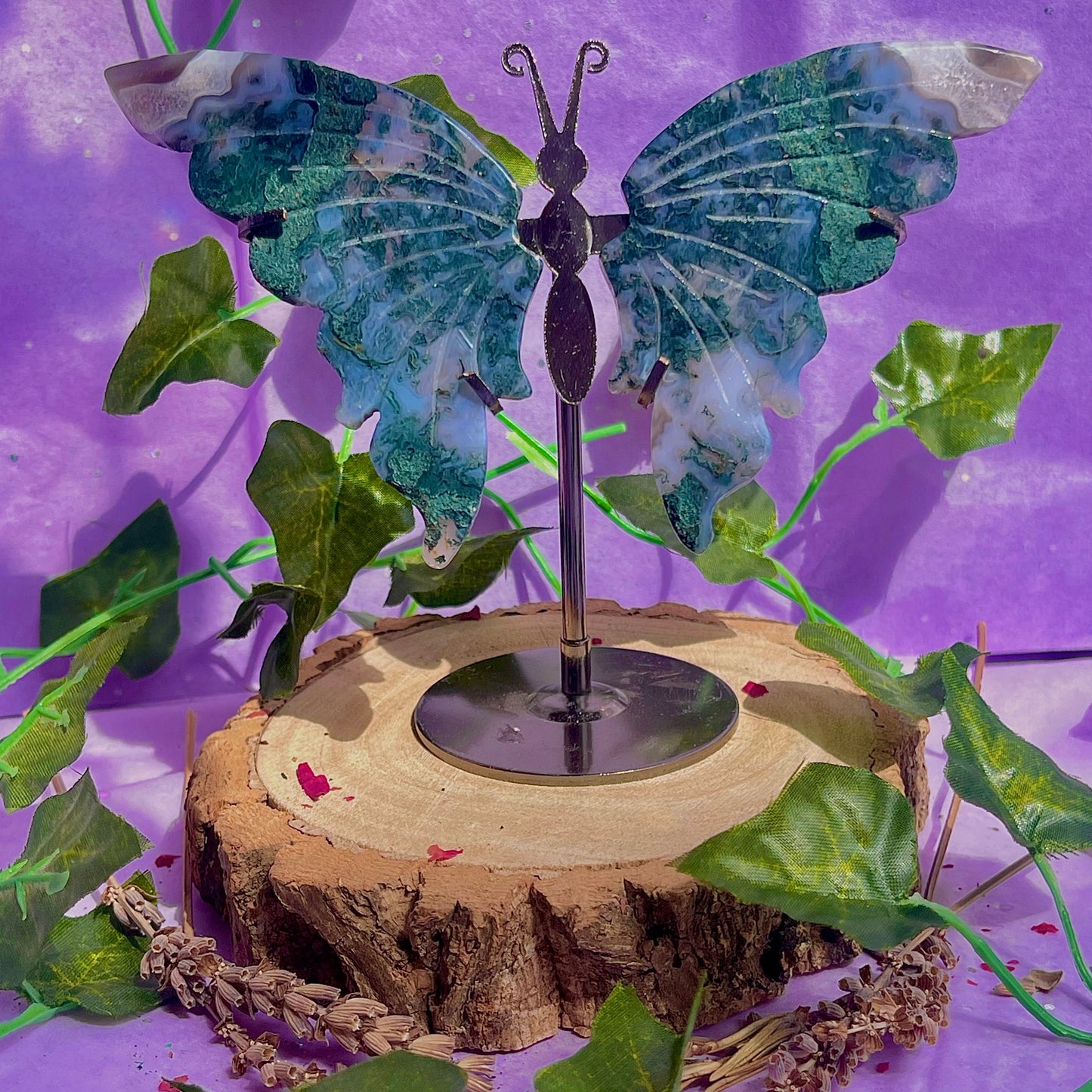 moss agate butterfly wings on stand