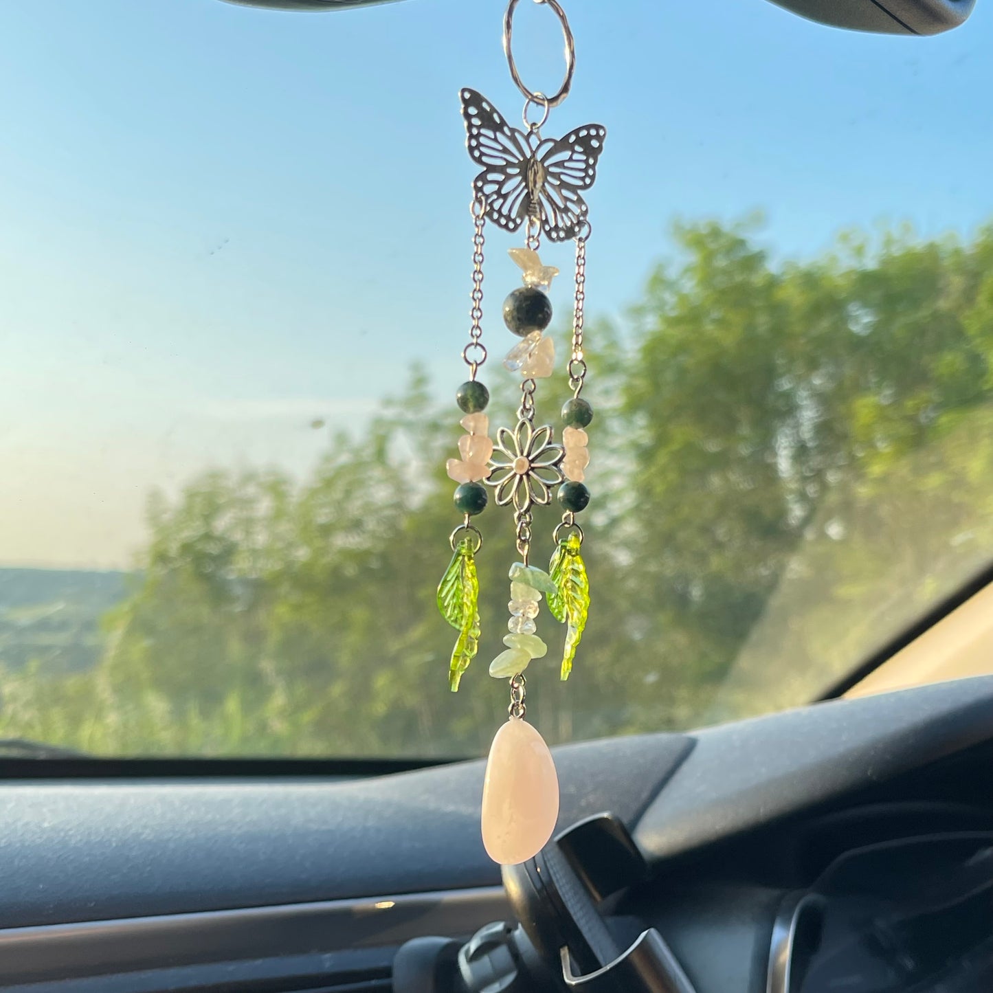 self car charm - rose quartz, moss agate, clear quartz & aventurine