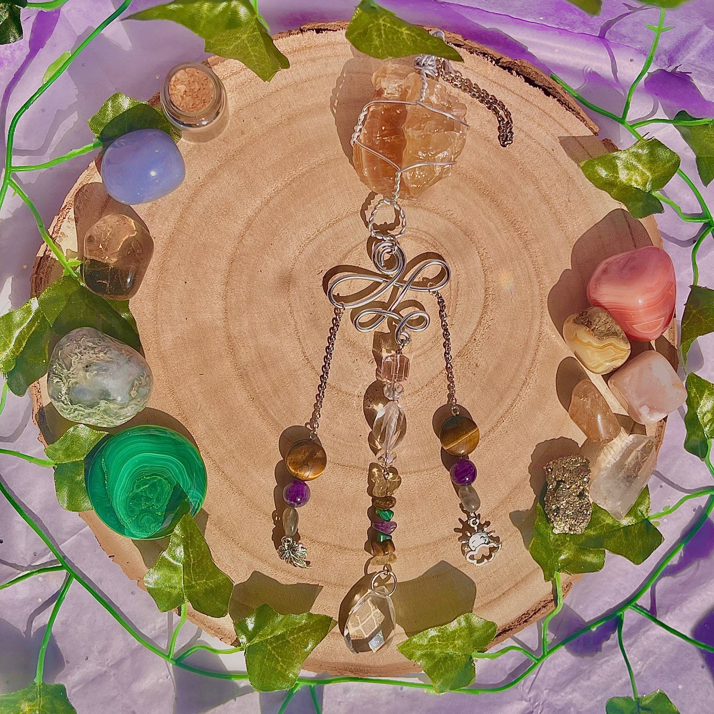 autumn sun suncatcher / wall hanging ~ honey calcite, tigers eye, amethyst, labradorite, malachite & citrine