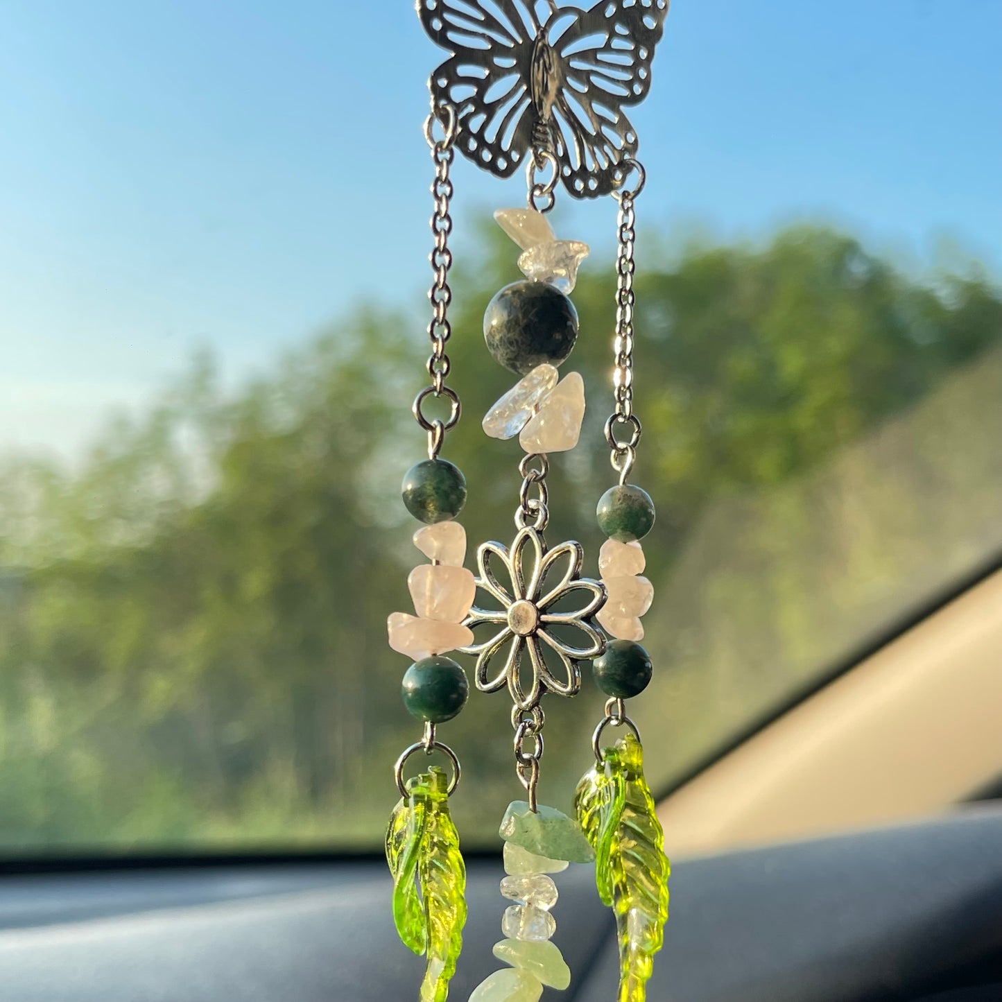 self car charm - rose quartz, moss agate, clear quartz & aventurine