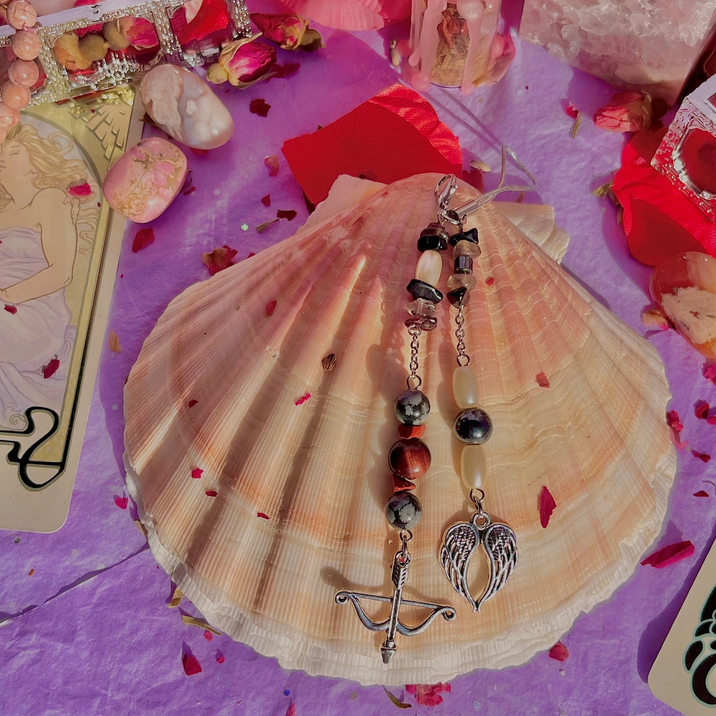angels arrow phone charm ~ garnet, smokey quartz, black obsidian, snowflake obsidian, red jasper, red tigers eye, hematite & faux pearls
