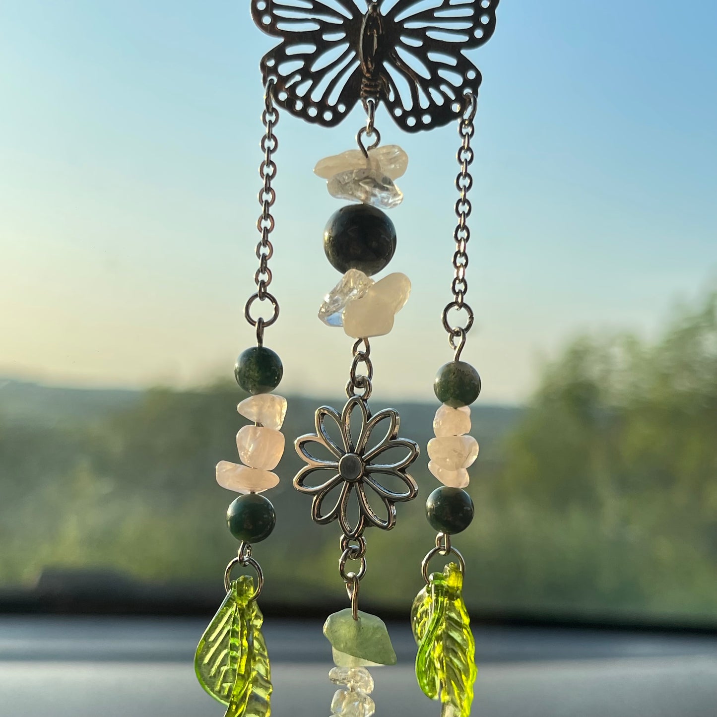self car charm - rose quartz, moss agate, clear quartz & aventurine