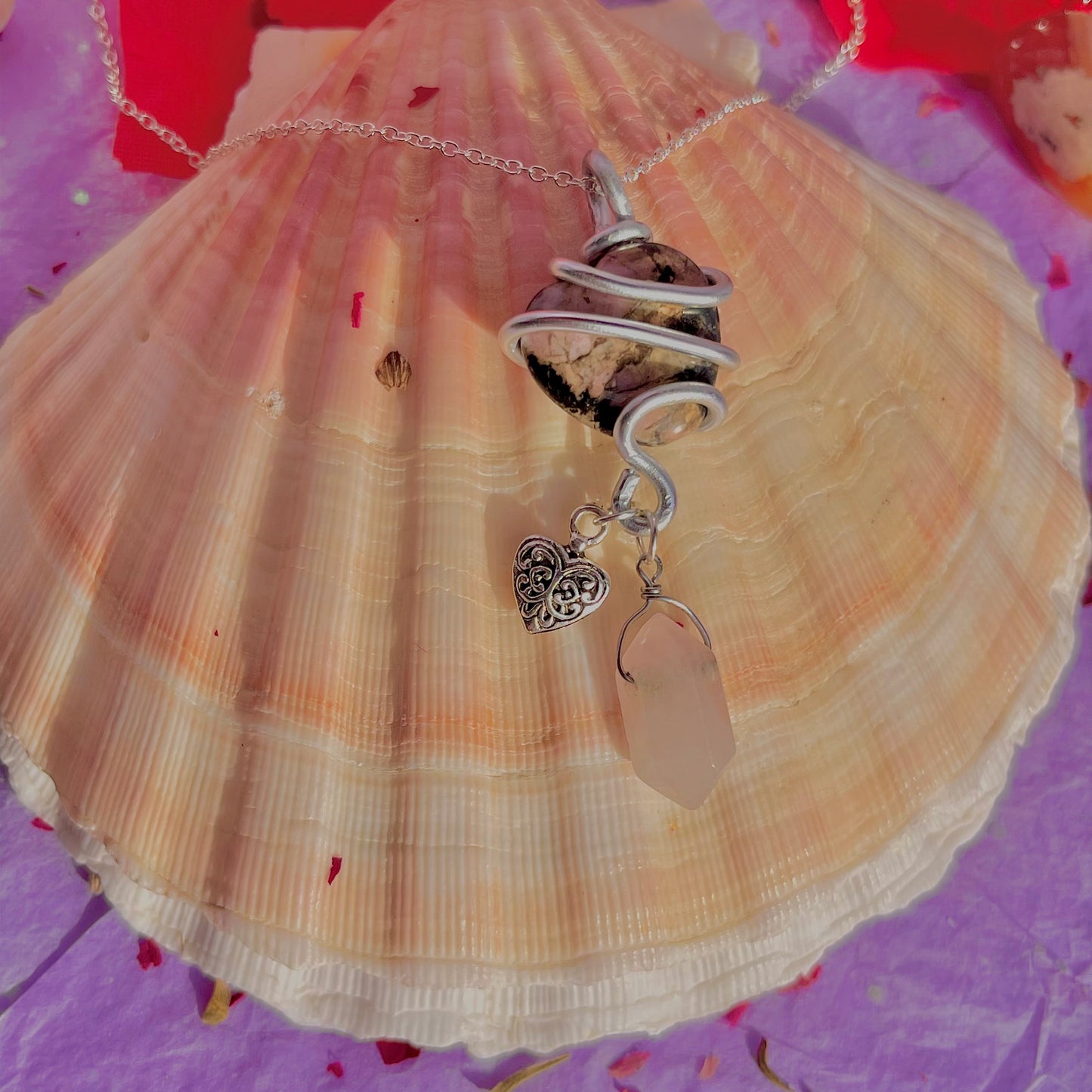 wrapped around my heart necklace sterling silver plated 18 inch chain ~ rhodonite & rose quartz