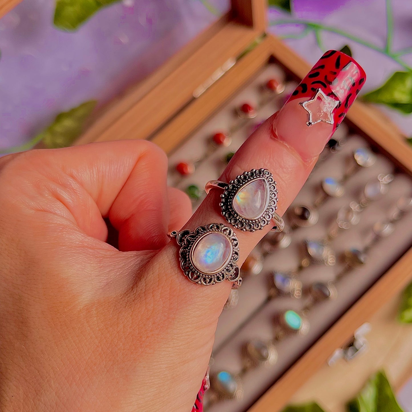 rainbow moonstone style C ~ 925 sterling silver adjustable rings / choose your own