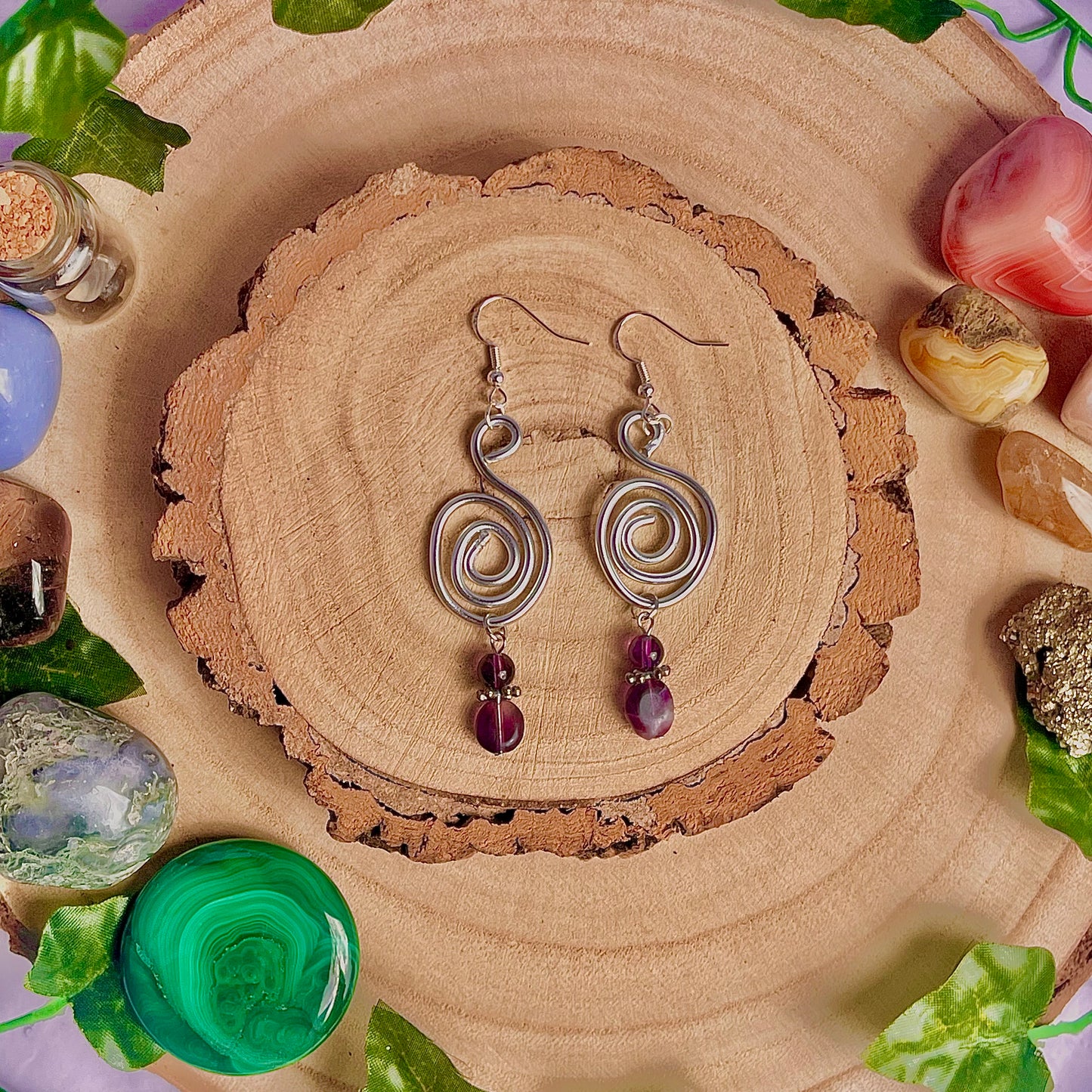 spiral swirl earrings ~ amethyst & fluorite on 925 hooks (aluminium wire)