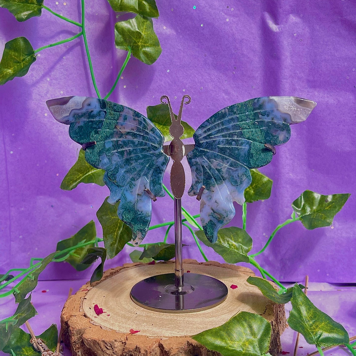 moss agate butterfly wings on stand