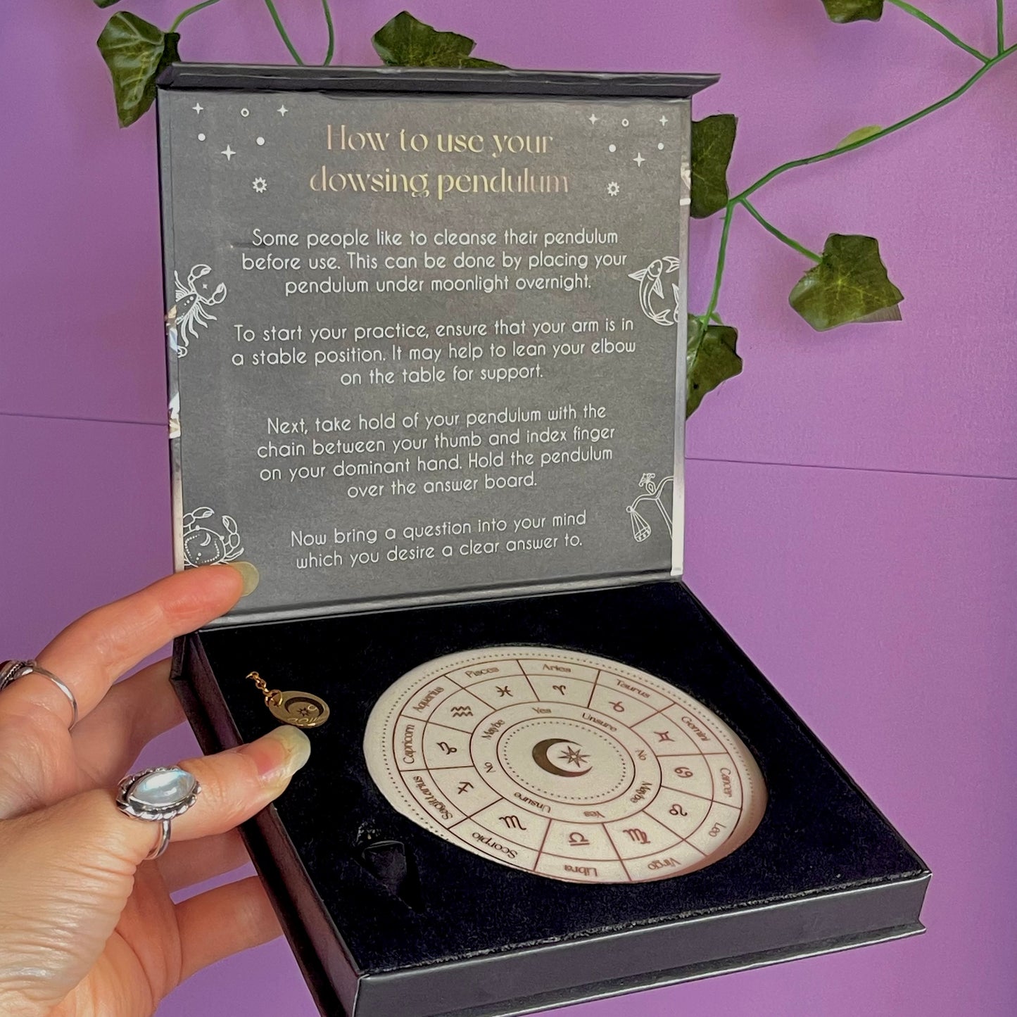 astrology wheel pendulum ceramic divination set ~ with black obsidian pendulum
