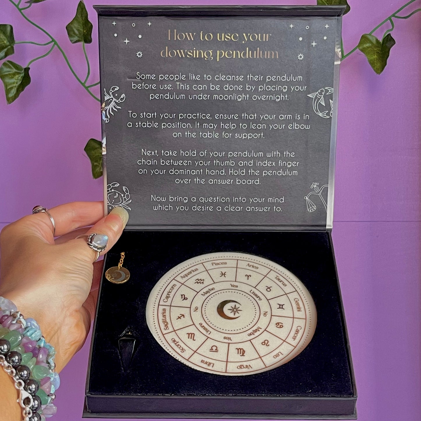 astrology wheel pendulum ceramic divination set ~ with black obsidian pendulum