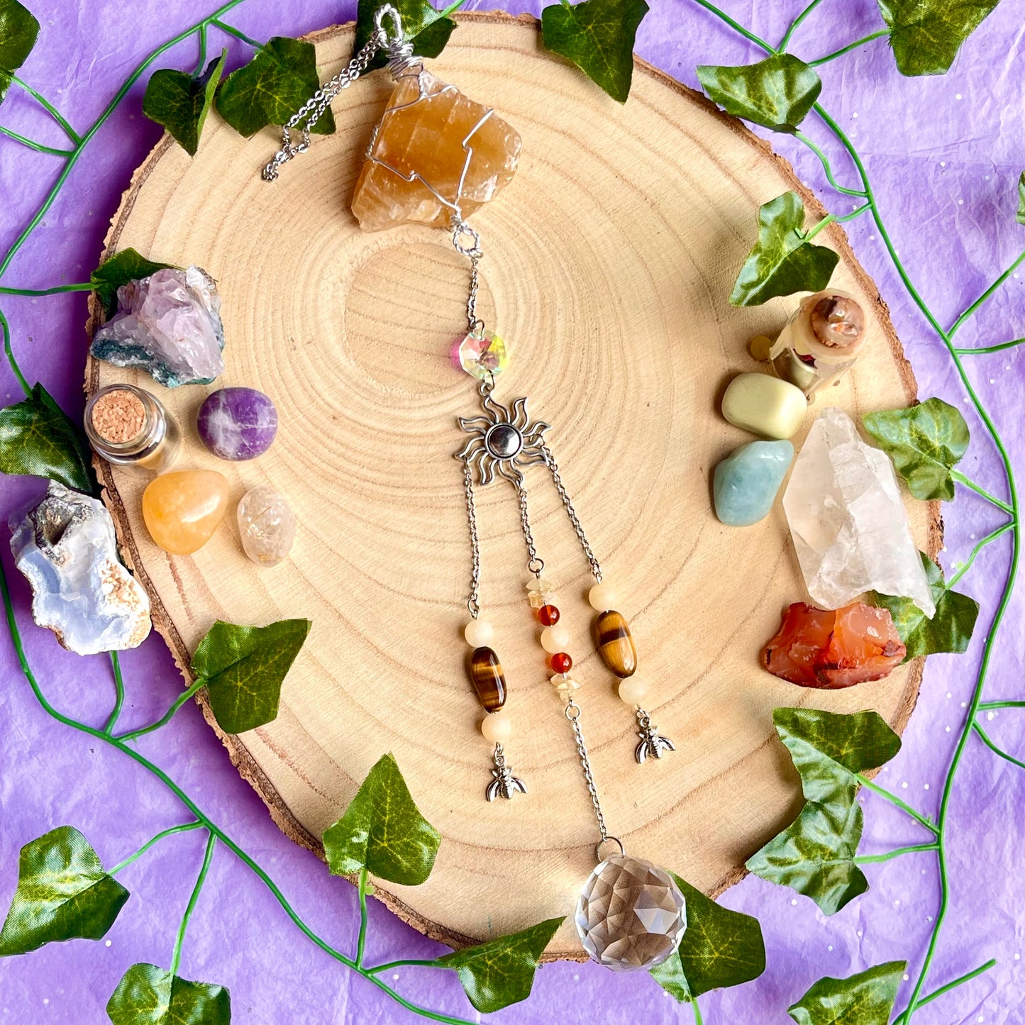 honey bee sun catcher - honey calcite, carnelian, tigers eye & calcite