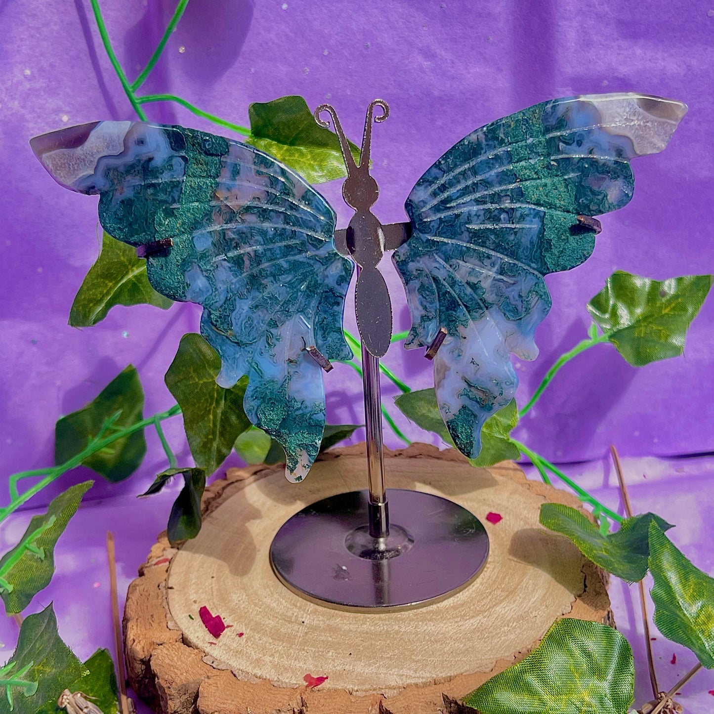 moss agate butterfly wings on stand