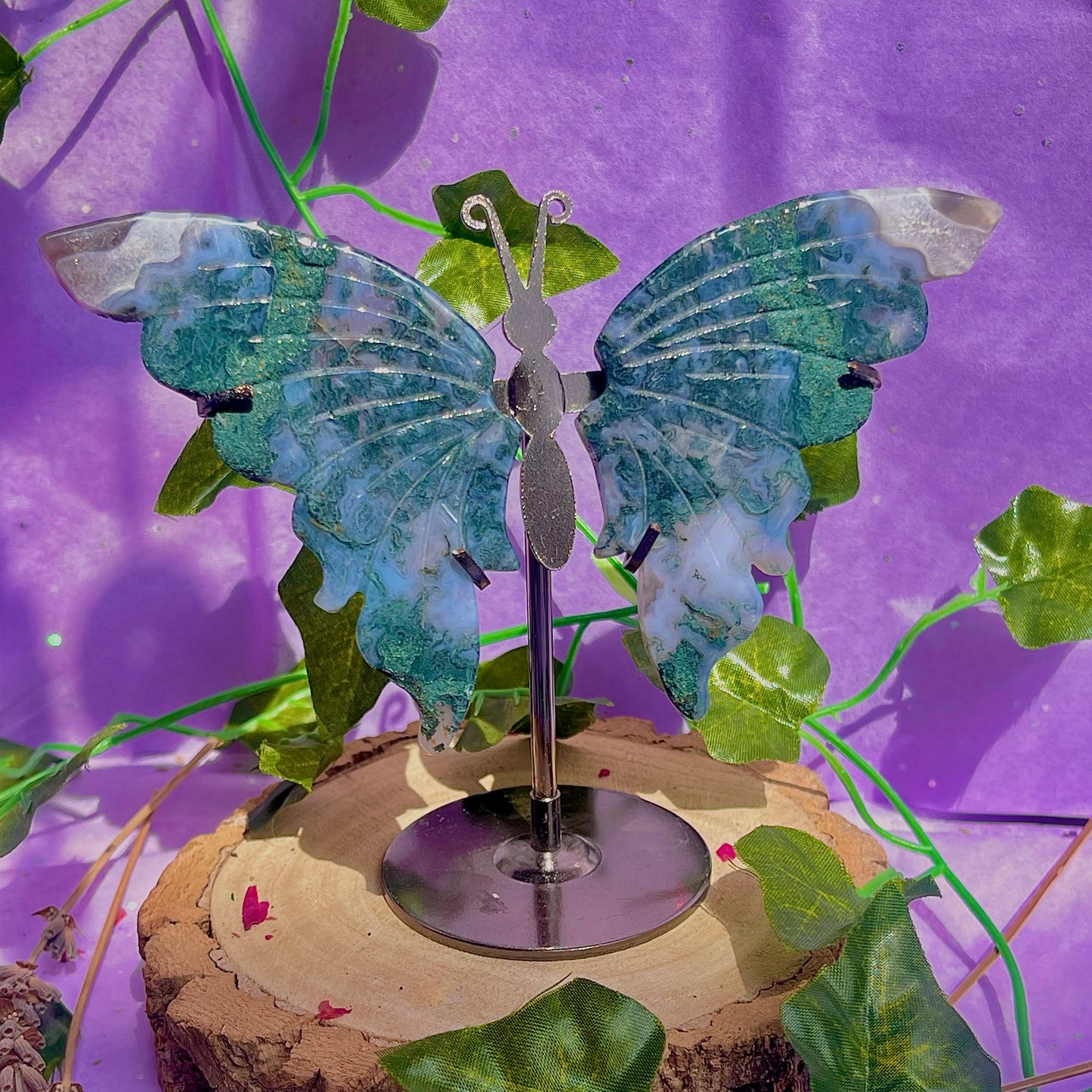 moss agate butterfly wings on stand