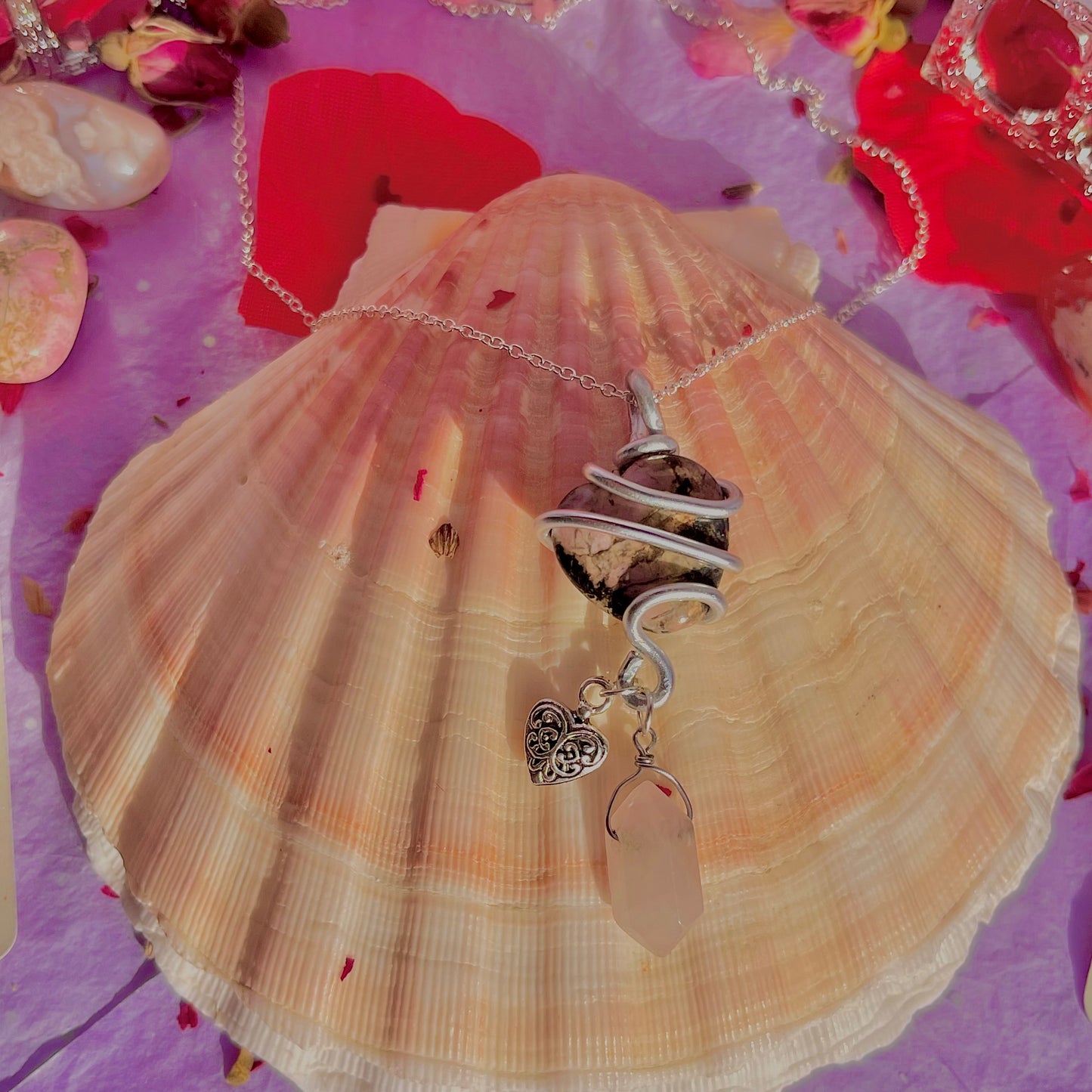 wrapped around my heart necklace sterling silver plated 18 inch chain ~ rhodonite & rose quartz