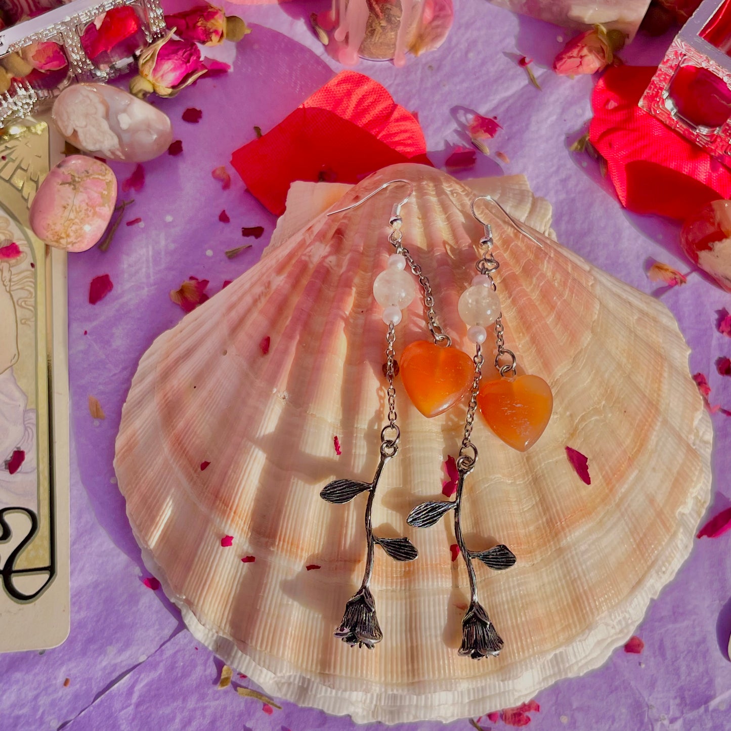 hearts & roses earrings on 925 sterling silver hooks ~ carnelian & rose quartz