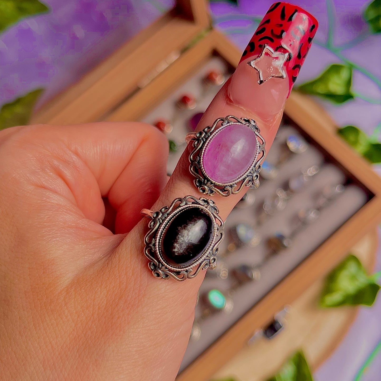kunzite & silver sheen obsidian ~ 925 sterling silver adjustable rings / choose your own