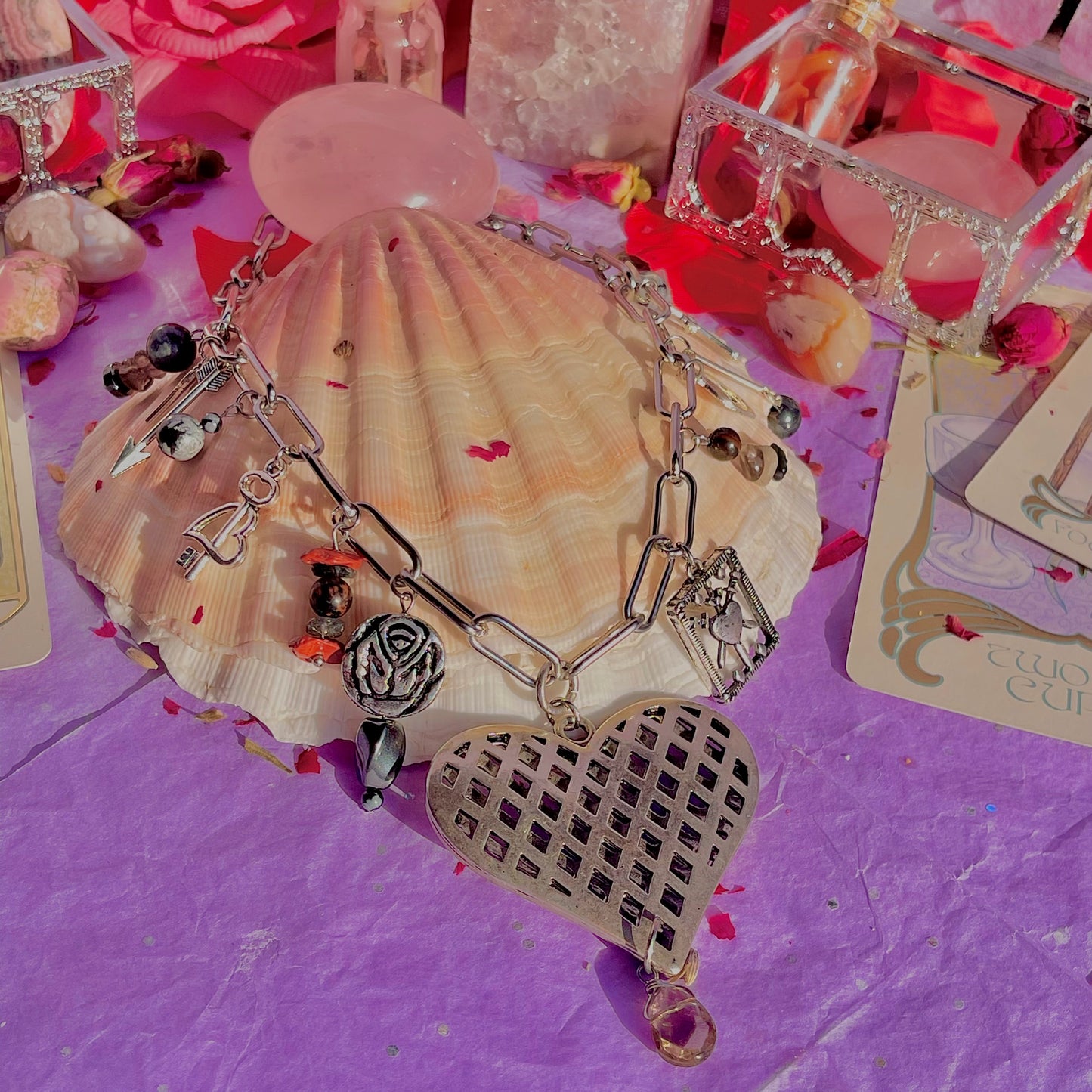 healing heart stainless steel charm necklace ~ smokey quartz, hematite, snowflake & mahogany obsidian, tourmalinated quartz, red jasper, red tigers eye, black moonstone & larvikite