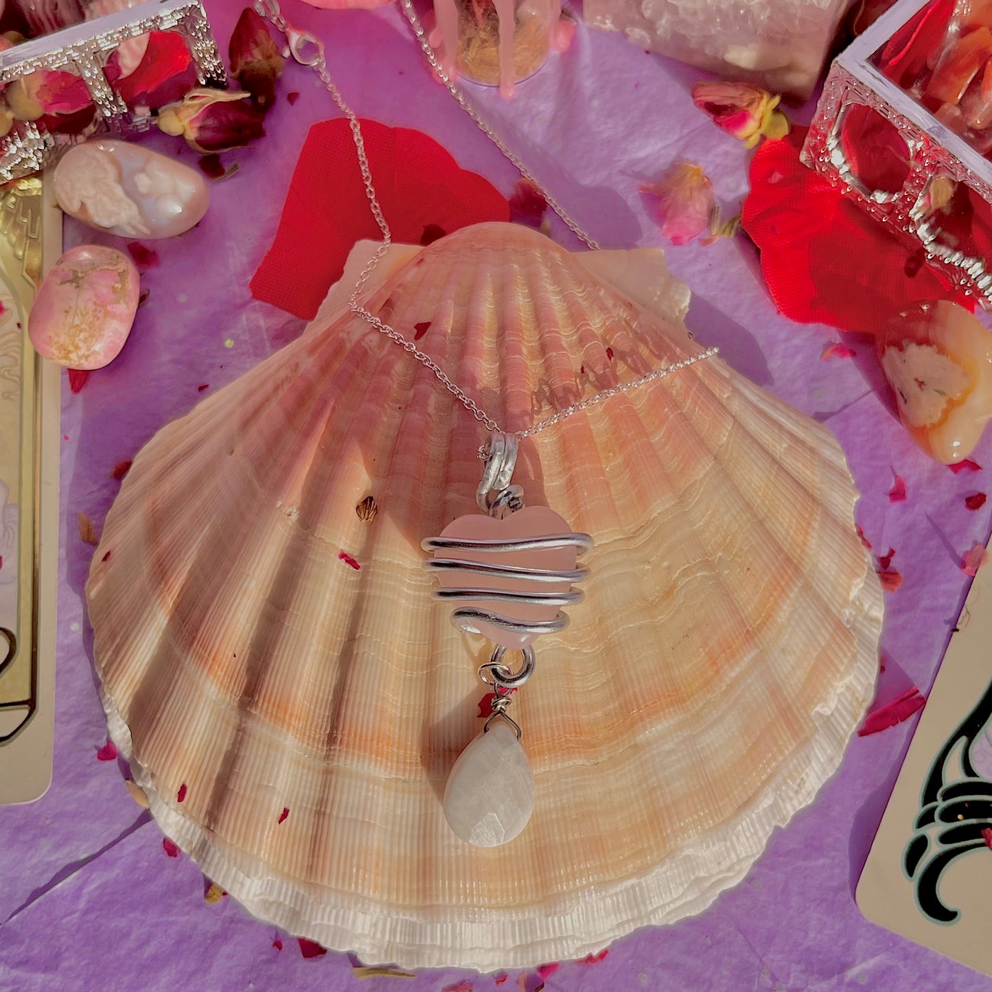 wrapped around my heart necklace sterling silver plated 18 inch chain ~ rose quartz & moonstone