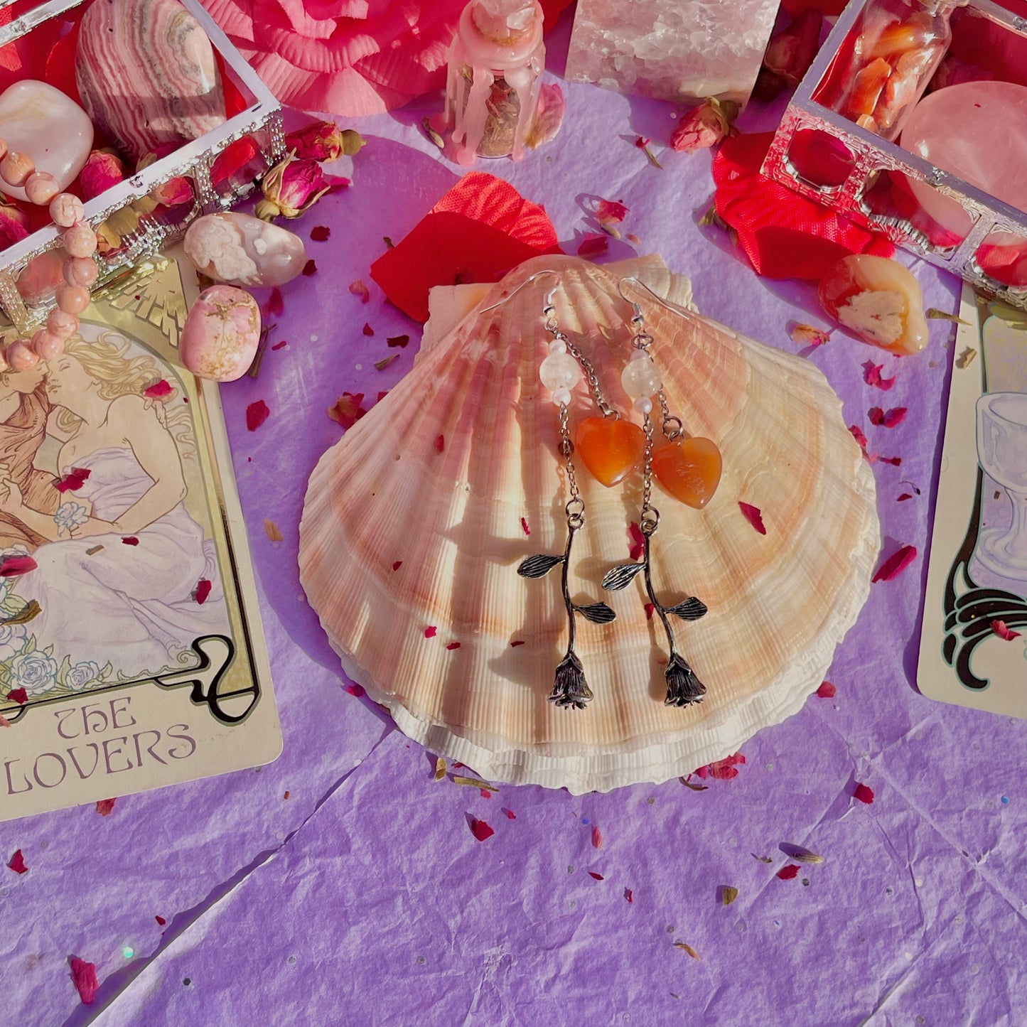 hearts & roses earrings on 925 sterling silver hooks ~ carnelian & rose quartz