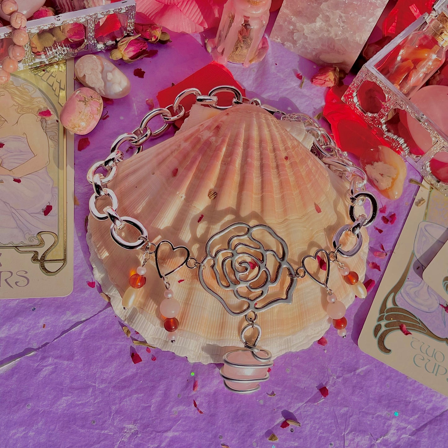 single rose chunky stainless steel necklace ~ rose quartz, carnelian & faux pearls