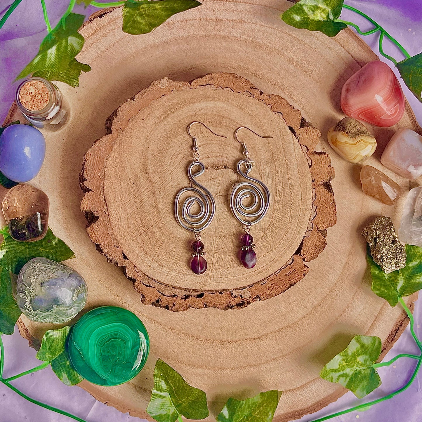 spiral swirl earrings ~ amethyst & fluorite on 925 hooks (aluminium wire)