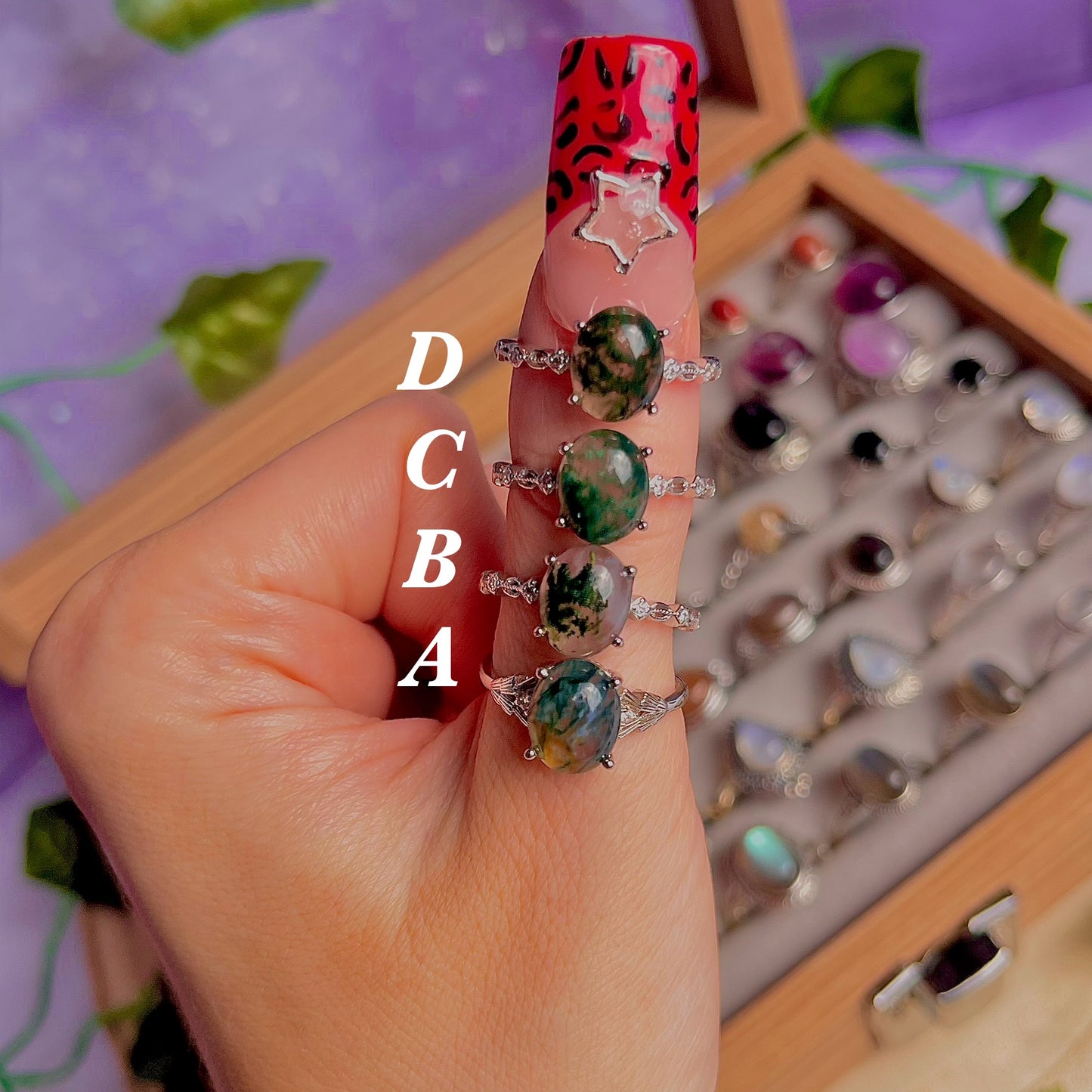 moss agate style B ~ 925 sterling silver adjustable rings / choose your own