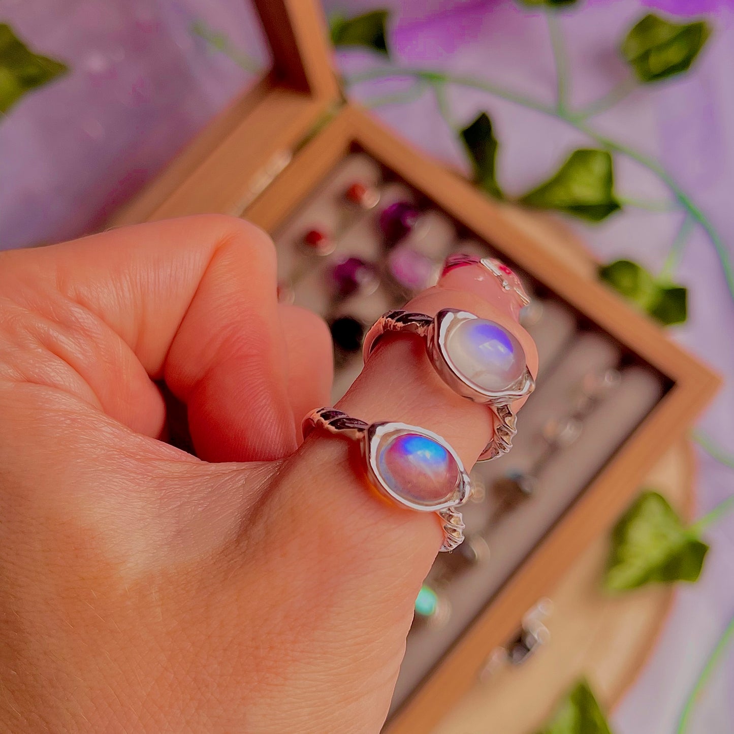 rainbow moonstone style E ~ 925 sterling silver adjustable rings / intuitively chosen