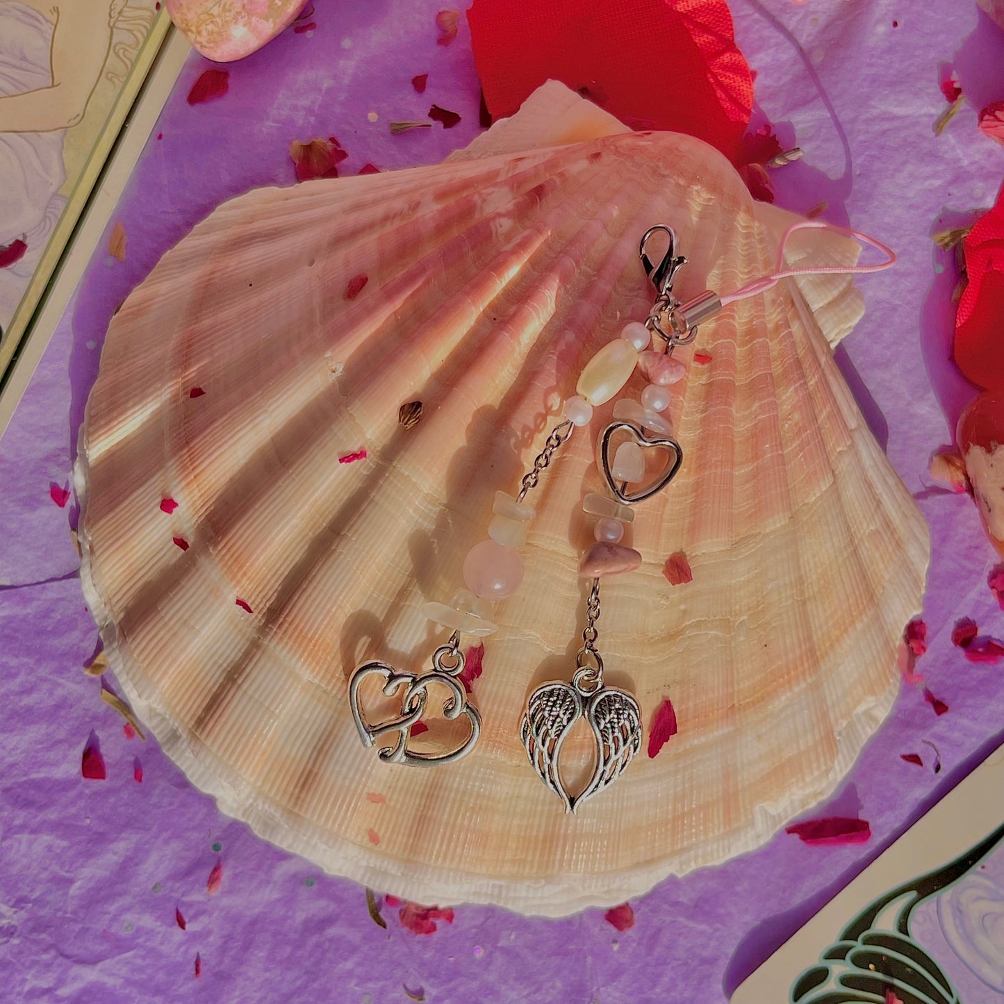 angel heart phone charm ~ rose quartz, moonstone, rhodonite & faux pearls