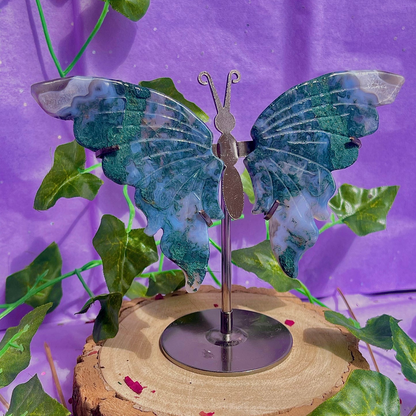 moss agate butterfly wings on stand