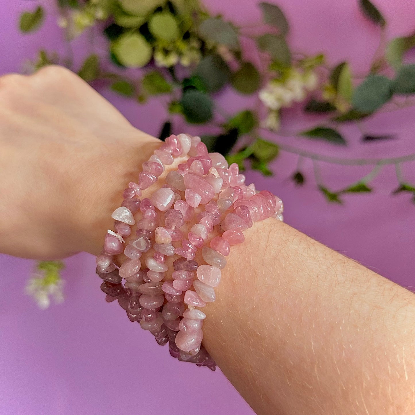 lavender rose quartz chip bracelet