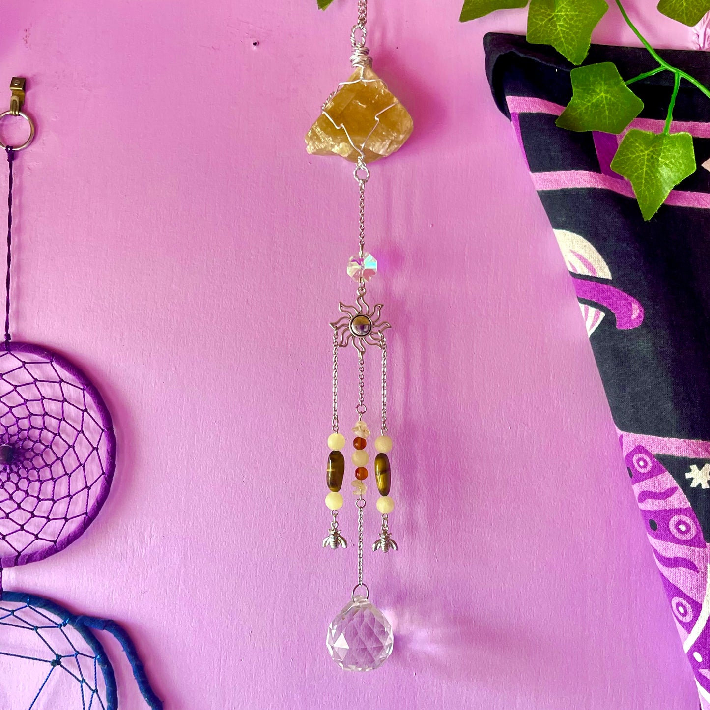 honey bee sun catcher - honey calcite, carnelian, tigers eye & calcite