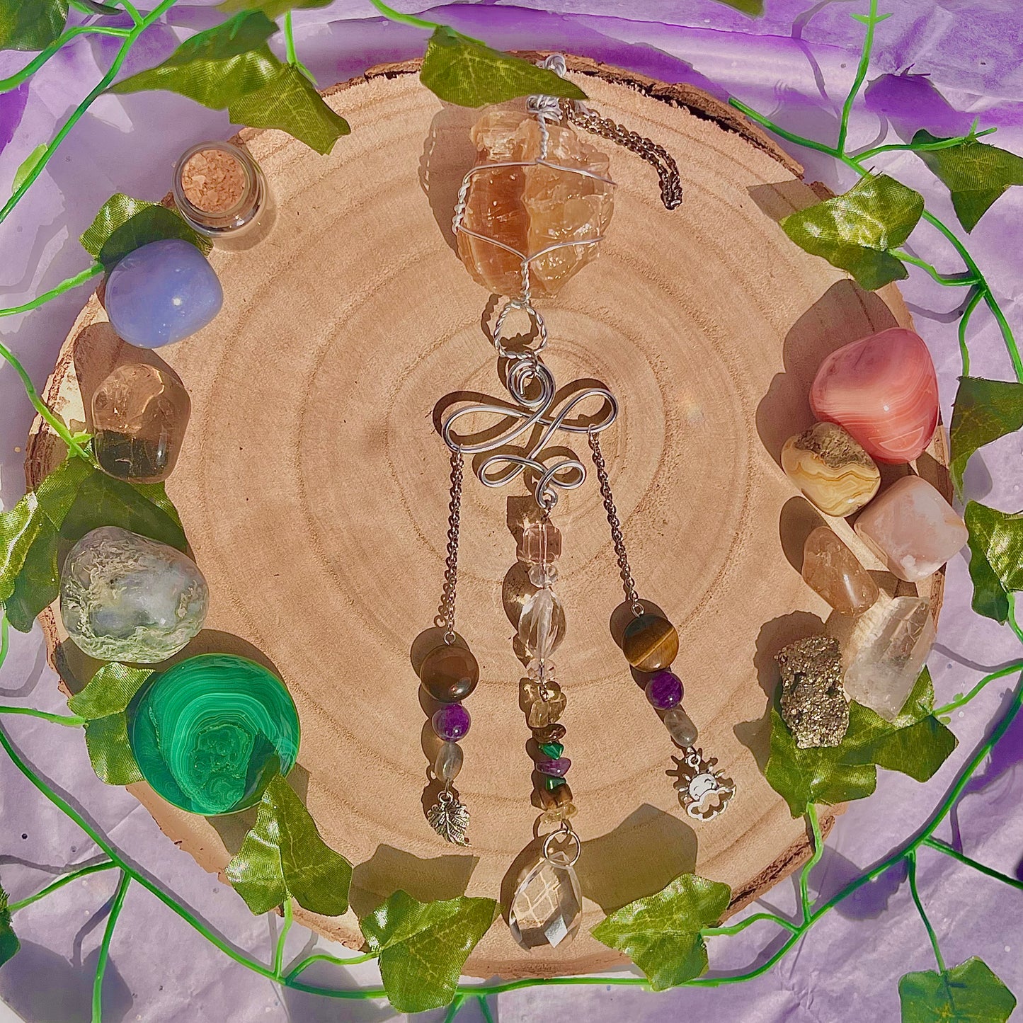 autumn sun suncatcher / wall hanging ~ honey calcite, tigers eye, amethyst, labradorite, malachite & citrine