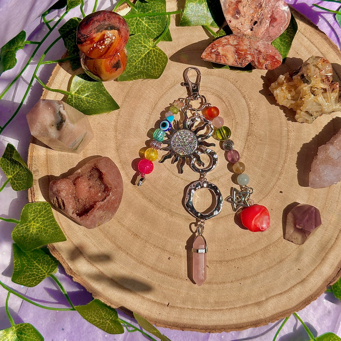 summer mixture bag charm ~ rose quartz, aquamarine, fluorite, lepidolite, peridot, citrine, blue howlite