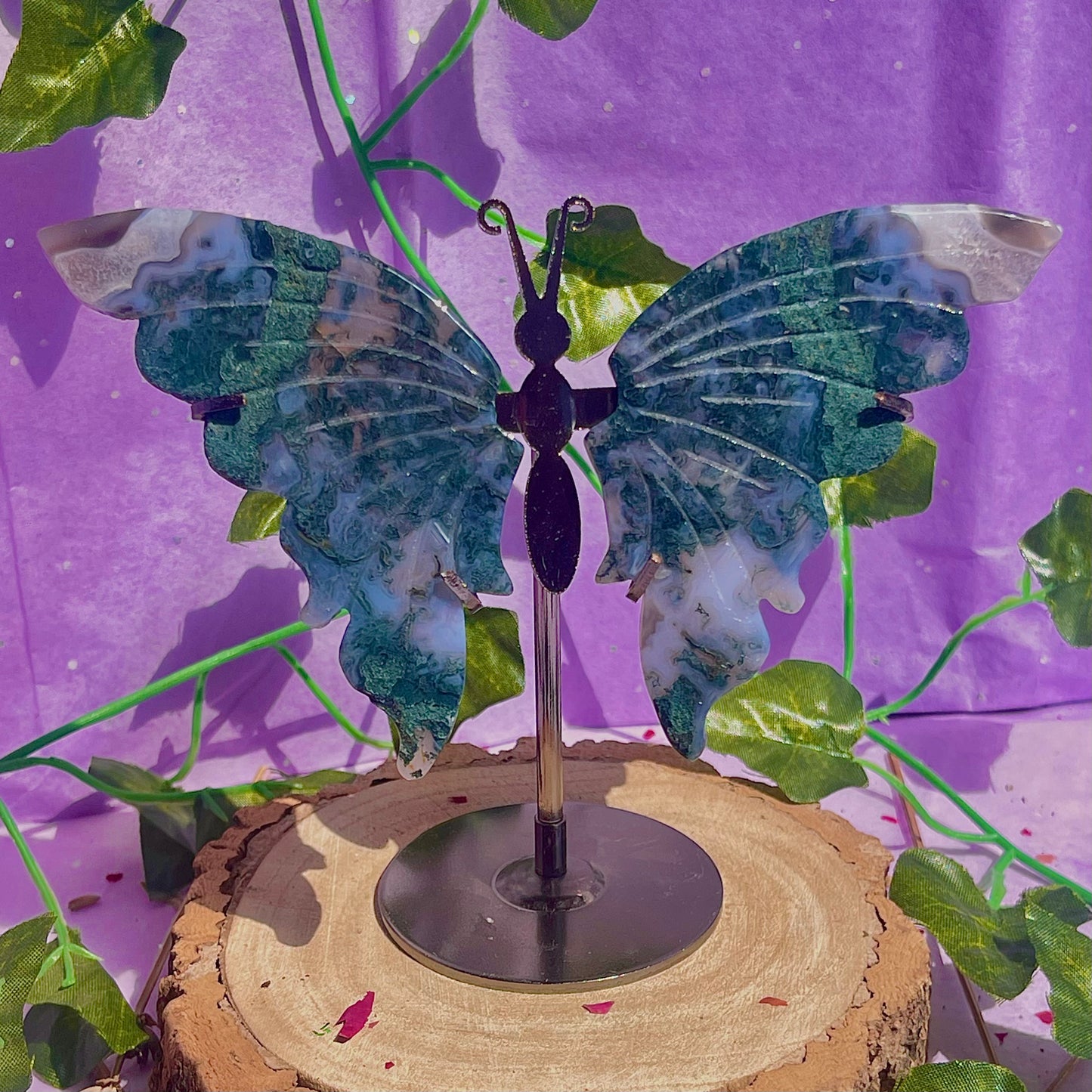 moss agate butterfly wings on stand