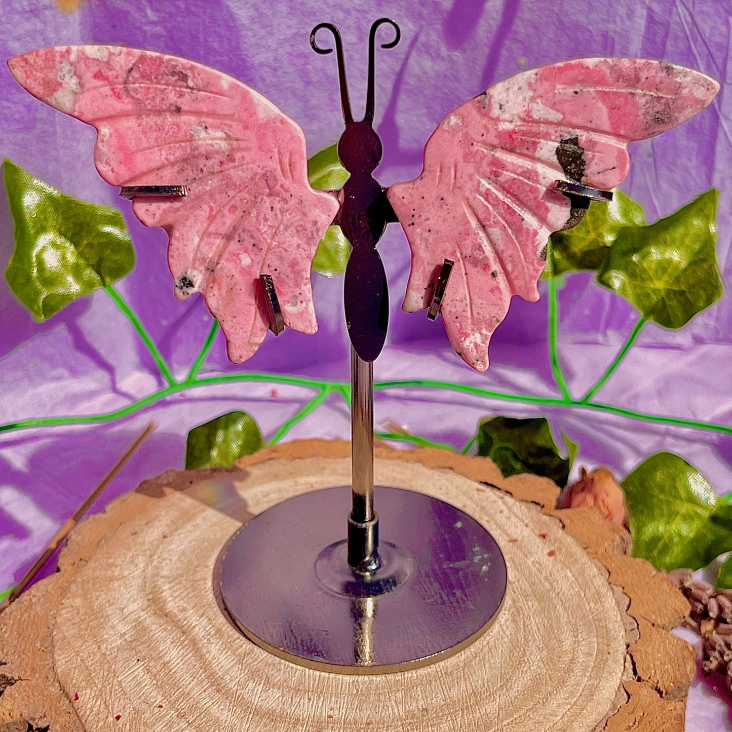 rhodonite butterfly wings on stand