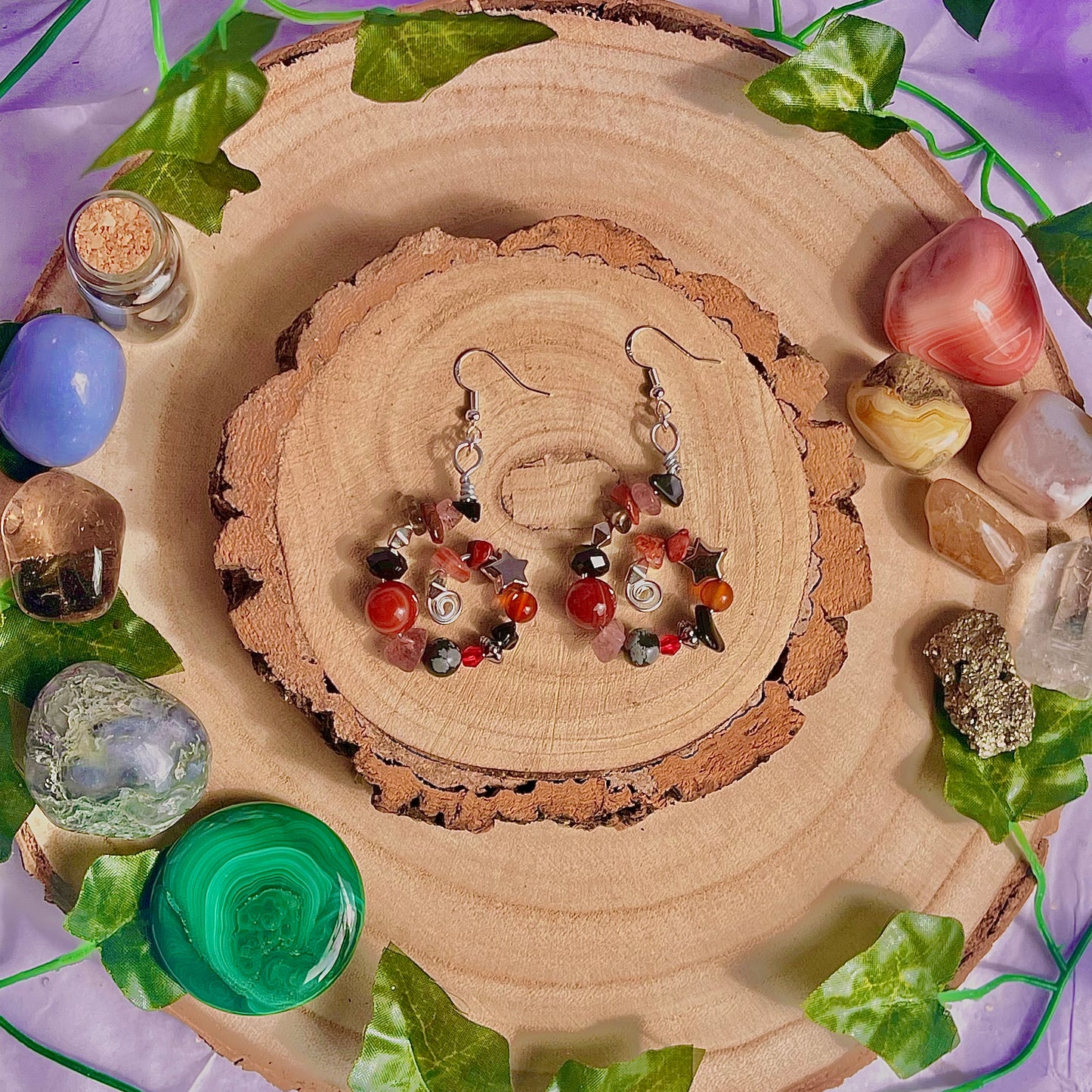 star spiral earrings ~ carnelian, obsidian, strawberry quartz on 925 hooks