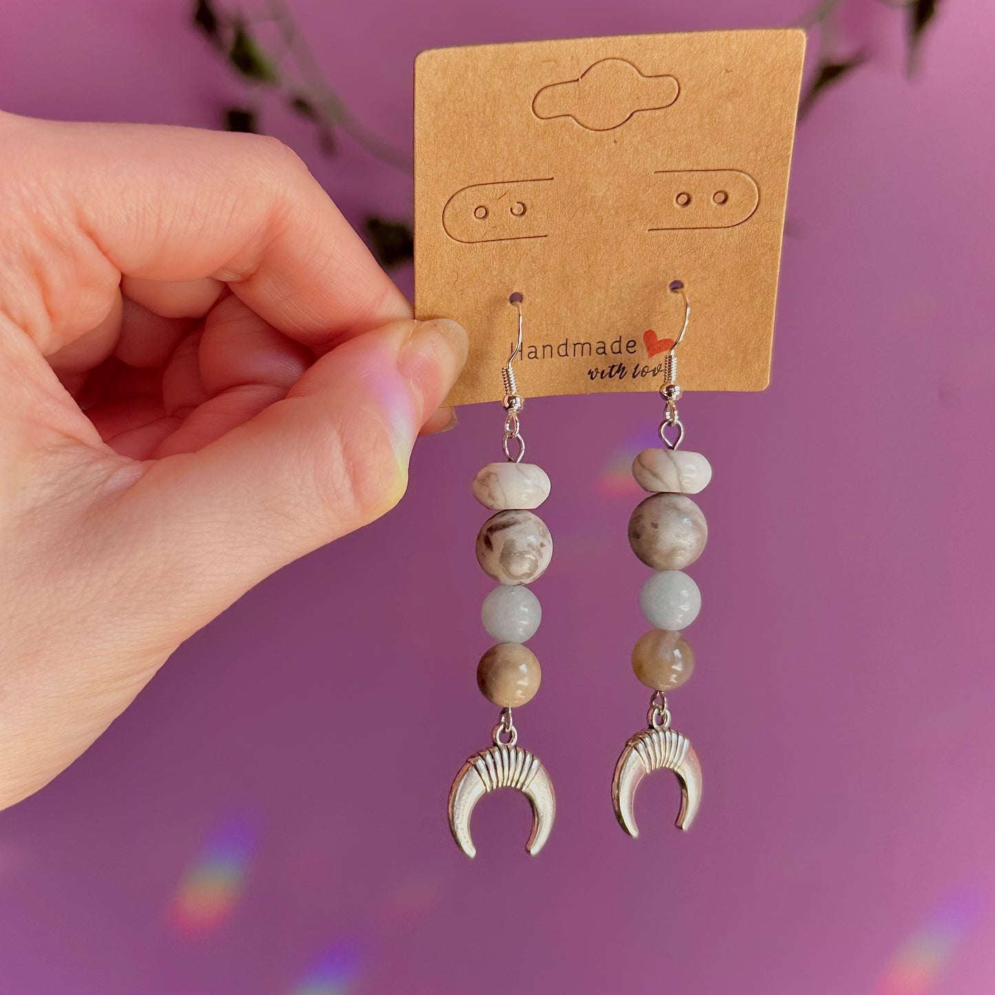 moon earrings on 925 hooks ~ howlite, crazy lace agate, aquamarine, mookaite