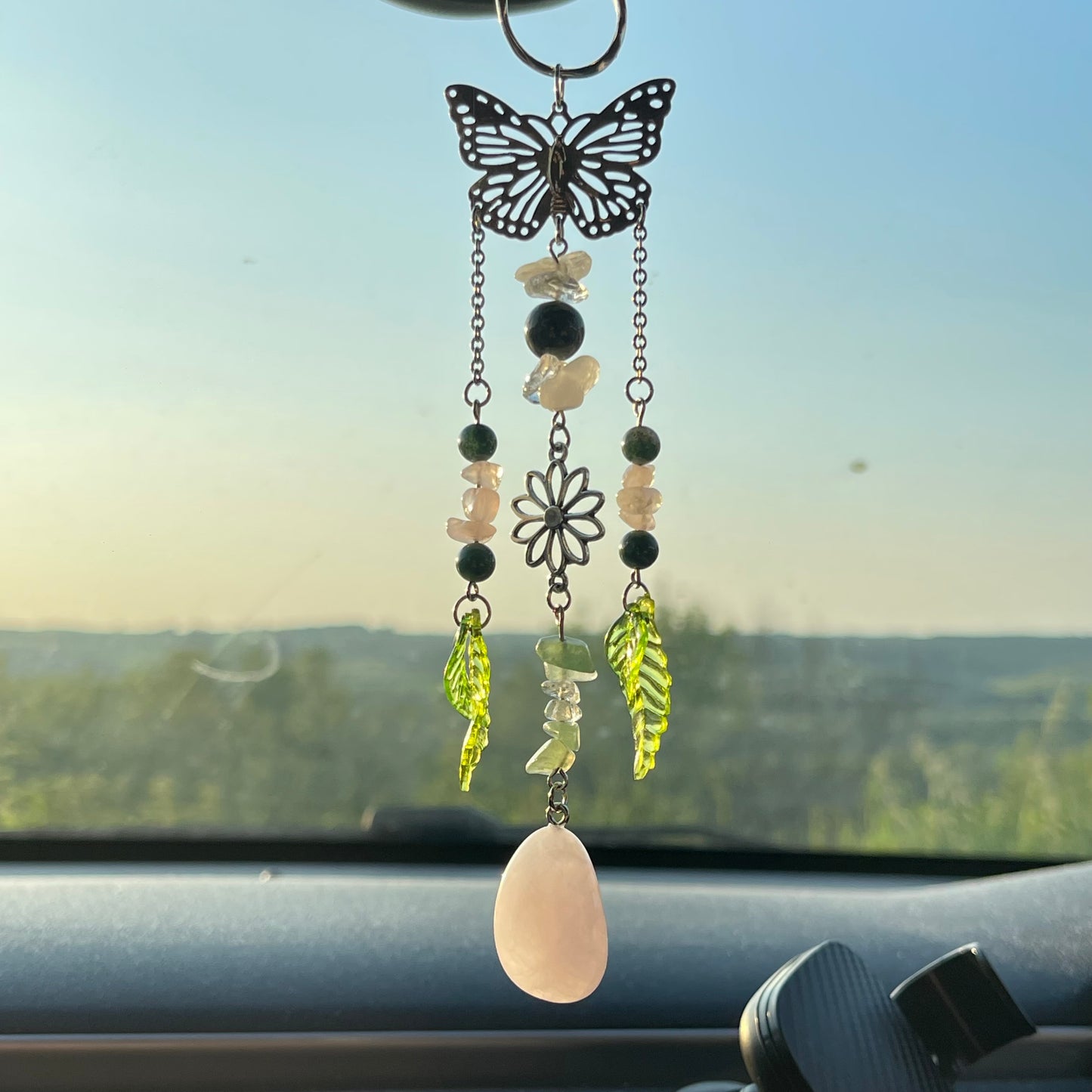self car charm - rose quartz, moss agate, clear quartz & aventurine